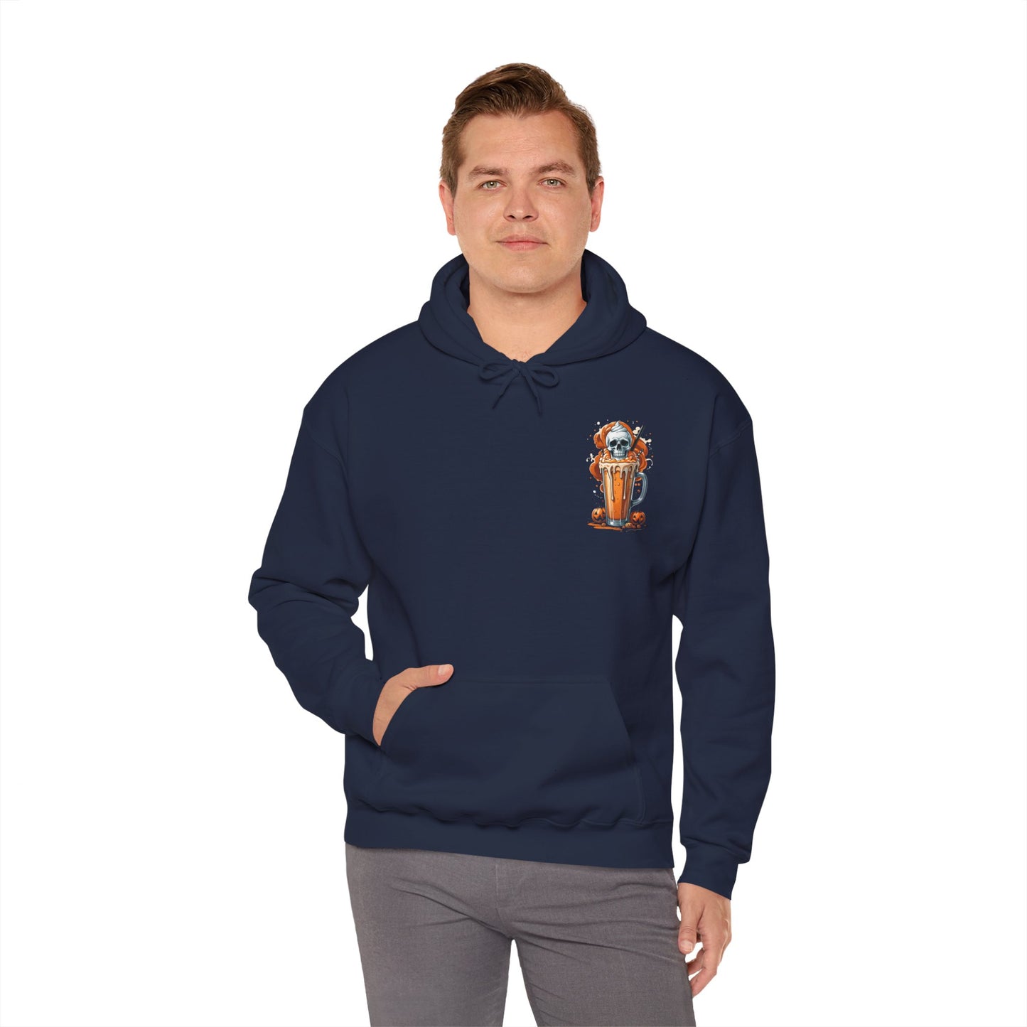 Halloween Skull Pumpkin Latte Hoodie – Spooky Fall Coffee Graphic Sweatshirt – Gildan 18500 Unisex Cozy Autumn Hoodie