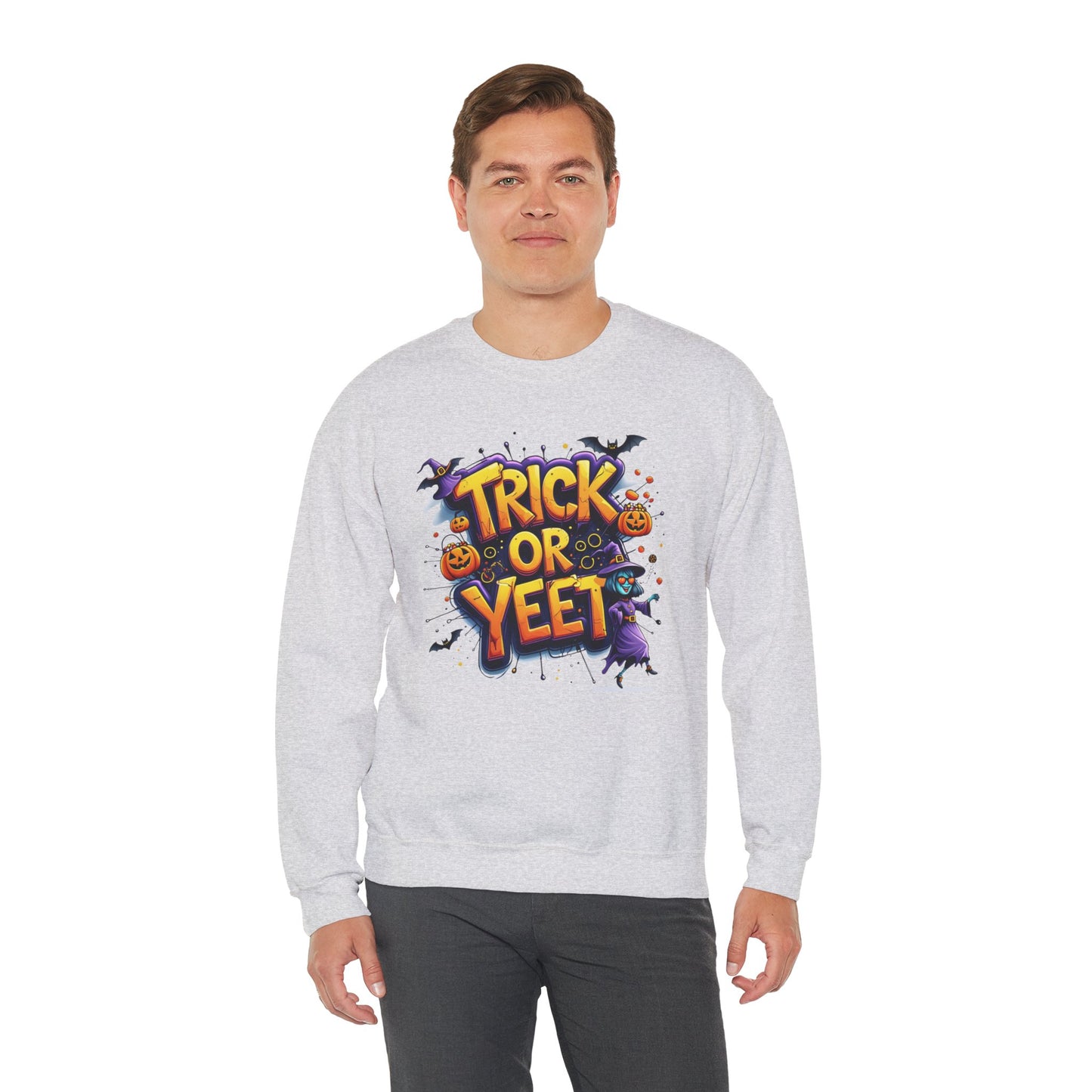 Trick or Yeet Unisex Heavy Blend Crewneck Sweatshirt – Funny Witch & Pumpkin Halloween Pullover