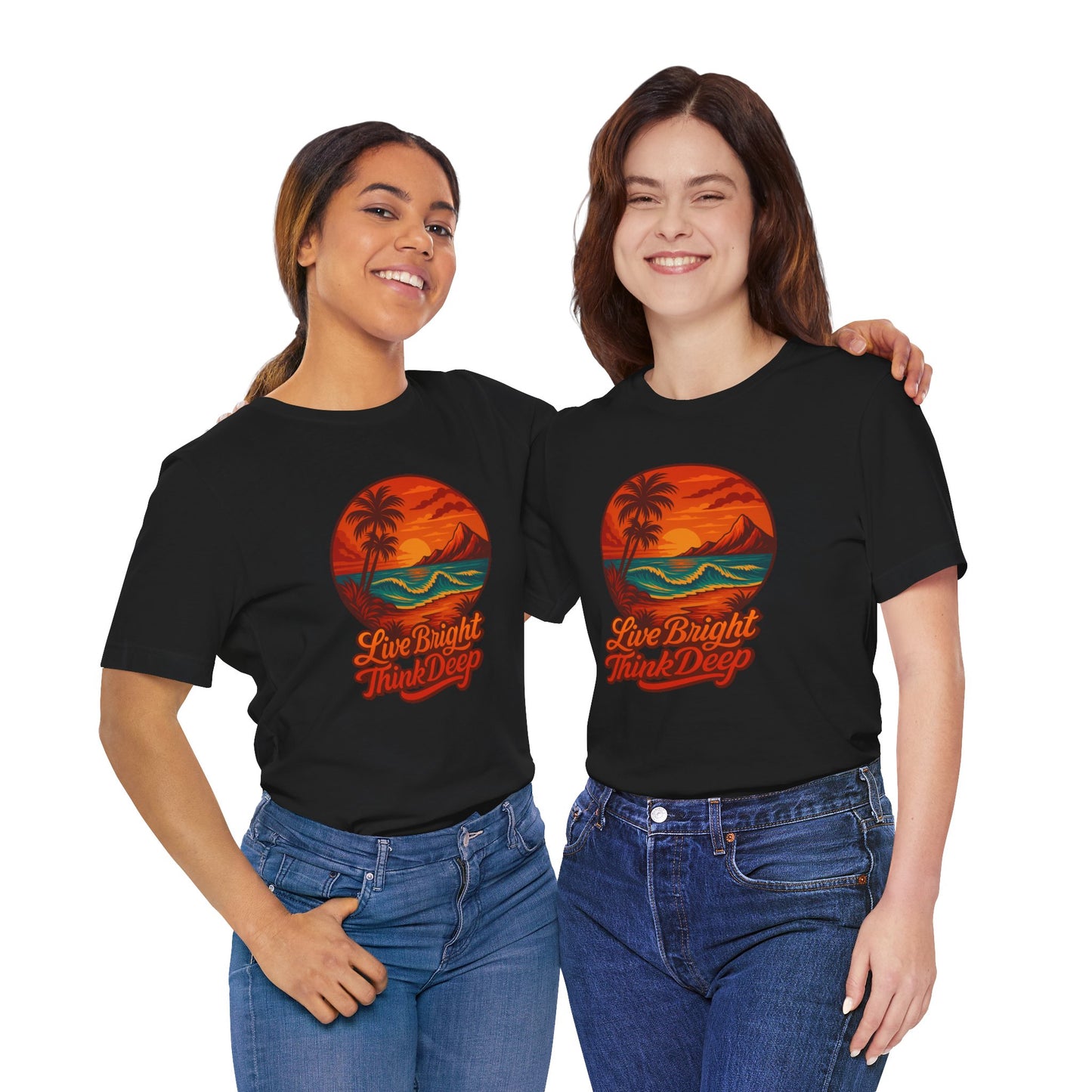 Retro Sunset Ocean Wave Graphic Tee - Live Bright Think Deep T-Shirt, Palm Tree Beach Shirt, Inspirational Typography, Unisex Bella Canvas