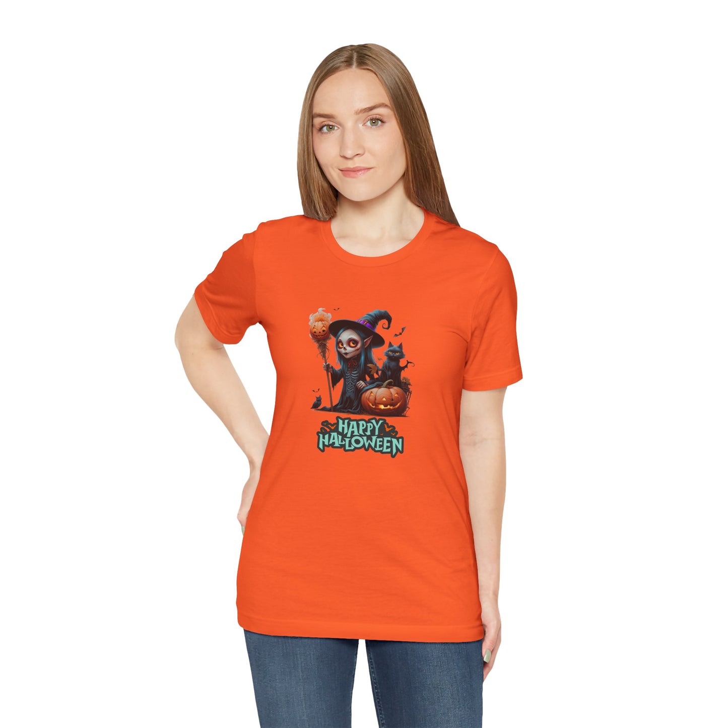 Happy Halloween Witch Shirt – Spooky Pumpkin Cat Graphic Tee – Bella Canvas 3001 – Unisex Halloween T-Shirt for Women Men