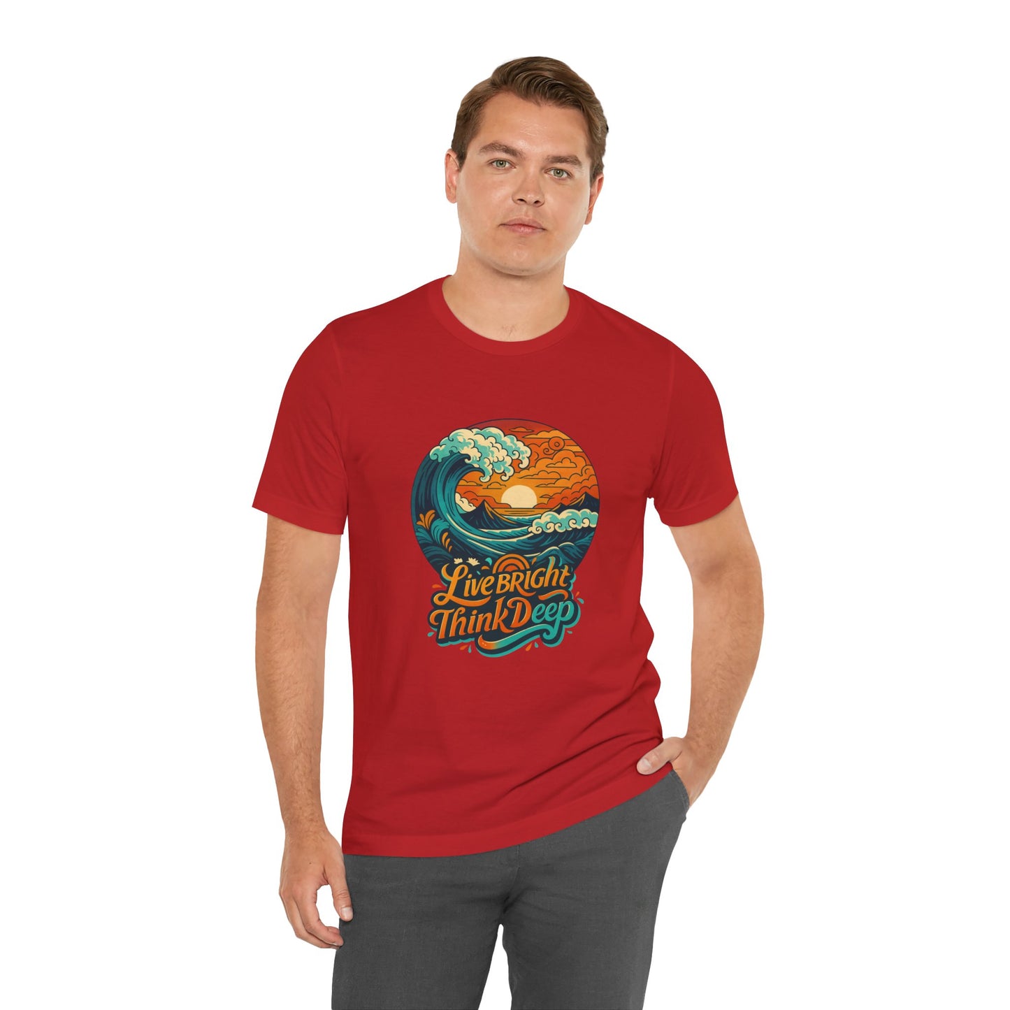 Retro Ocean Wave Sunset T-Shirt, Inspirational Typography Tee, Unisex Graphic Top, Gift for Men & Women, Live Bright Think Deep Shirt