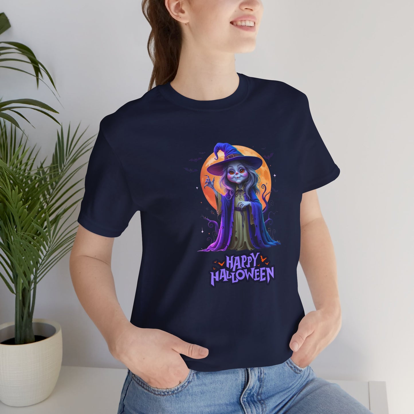 Happy Halloween Witch Shirt – Spooky Full Moon Graphic Tee – Bella Canvas 3001 – Unisex Halloween T-Shirt for Women Men