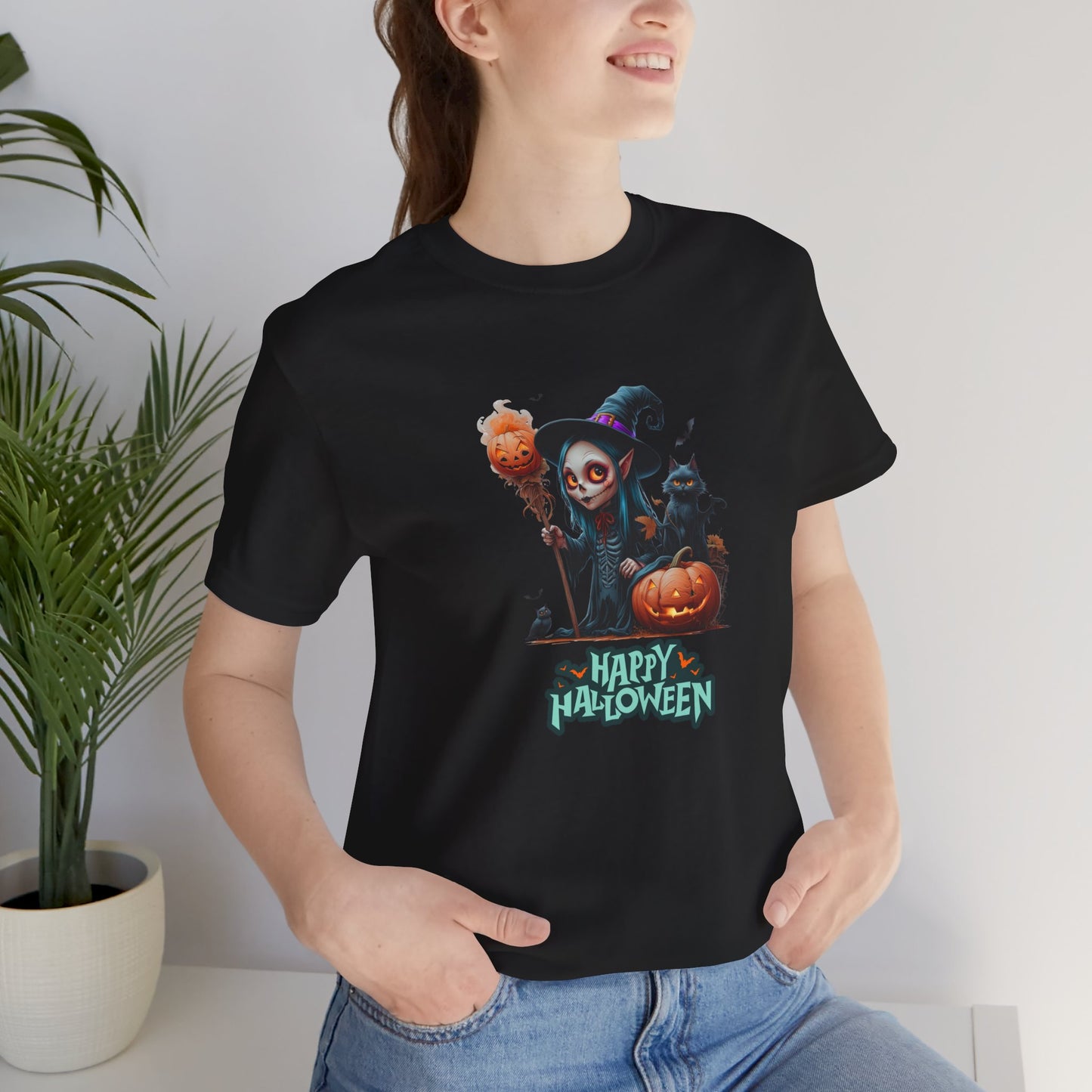 Happy Halloween Witch Shirt – Spooky Pumpkin Cat Graphic Tee – Bella Canvas 3001 – Unisex Halloween T-Shirt for Women Men