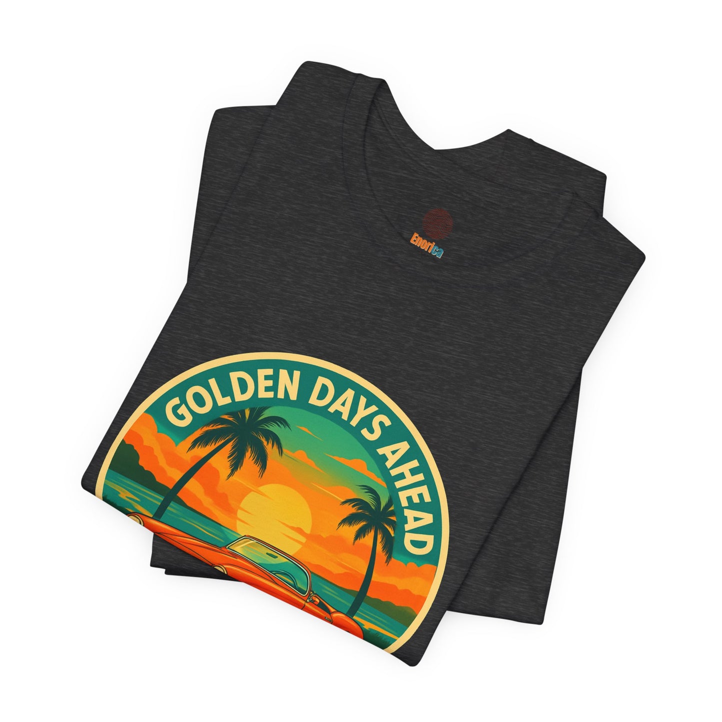 Golden Days Ahead Retro Convertible T-Shirt, Vintage Classic Car Graphic Tee, Sunset Beach Palm Trees - Unisex Jersey Short Sleeve Tee,
