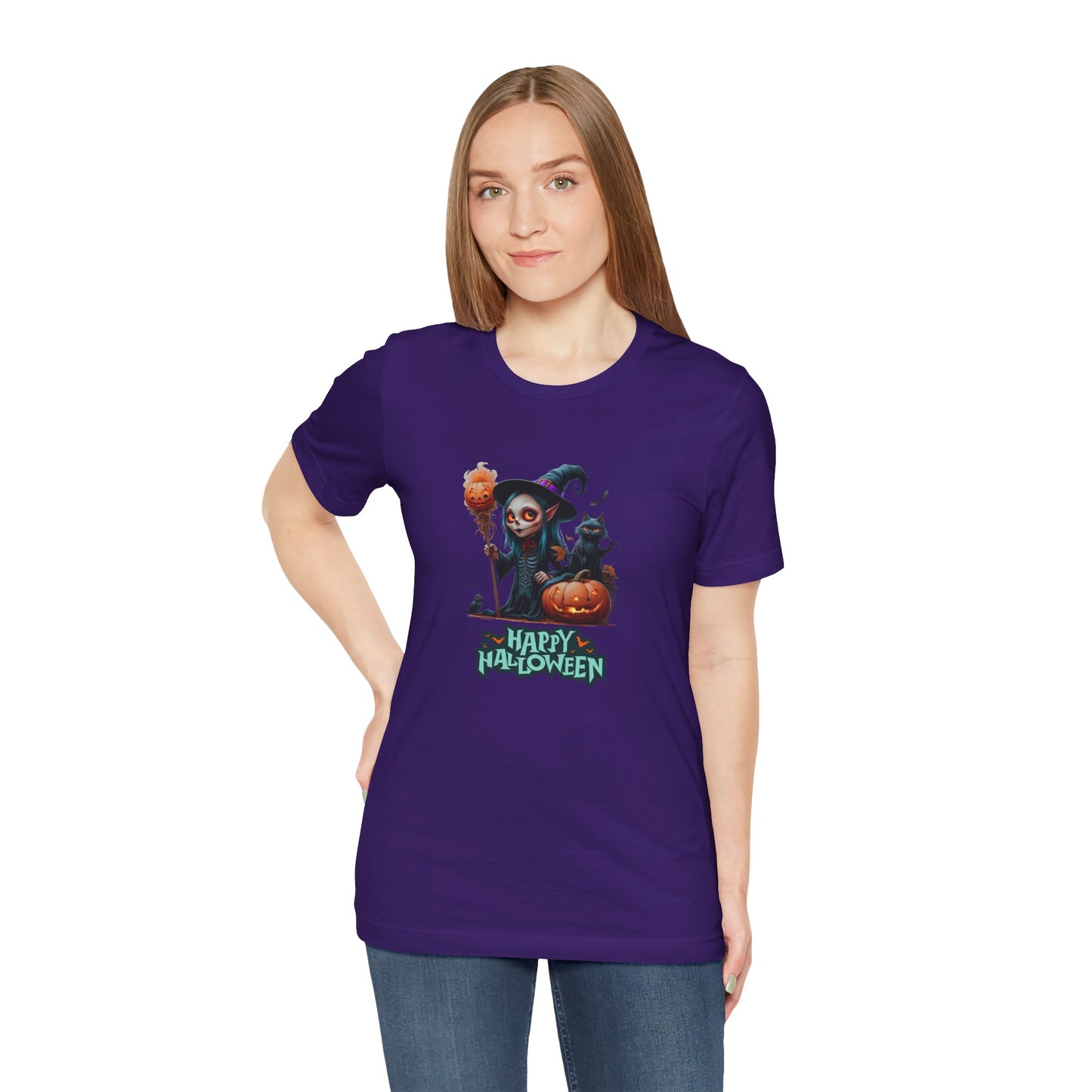 Happy Halloween Witch Shirt – Spooky Pumpkin Cat Graphic Tee – Bella Canvas 3001 – Unisex Halloween T-Shirt for Women Men