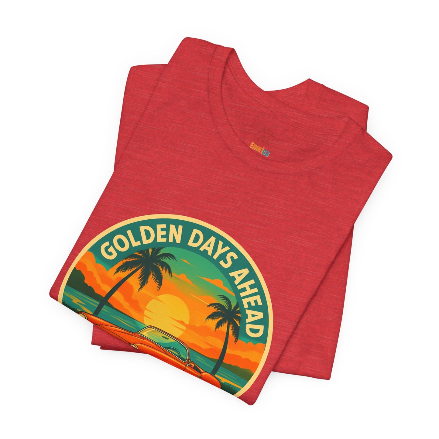 Golden Days Ahead Retro Convertible T-Shirt, Vintage Classic Car Graphic Tee, Sunset Beach Palm Trees - Unisex Jersey Short Sleeve Tee,