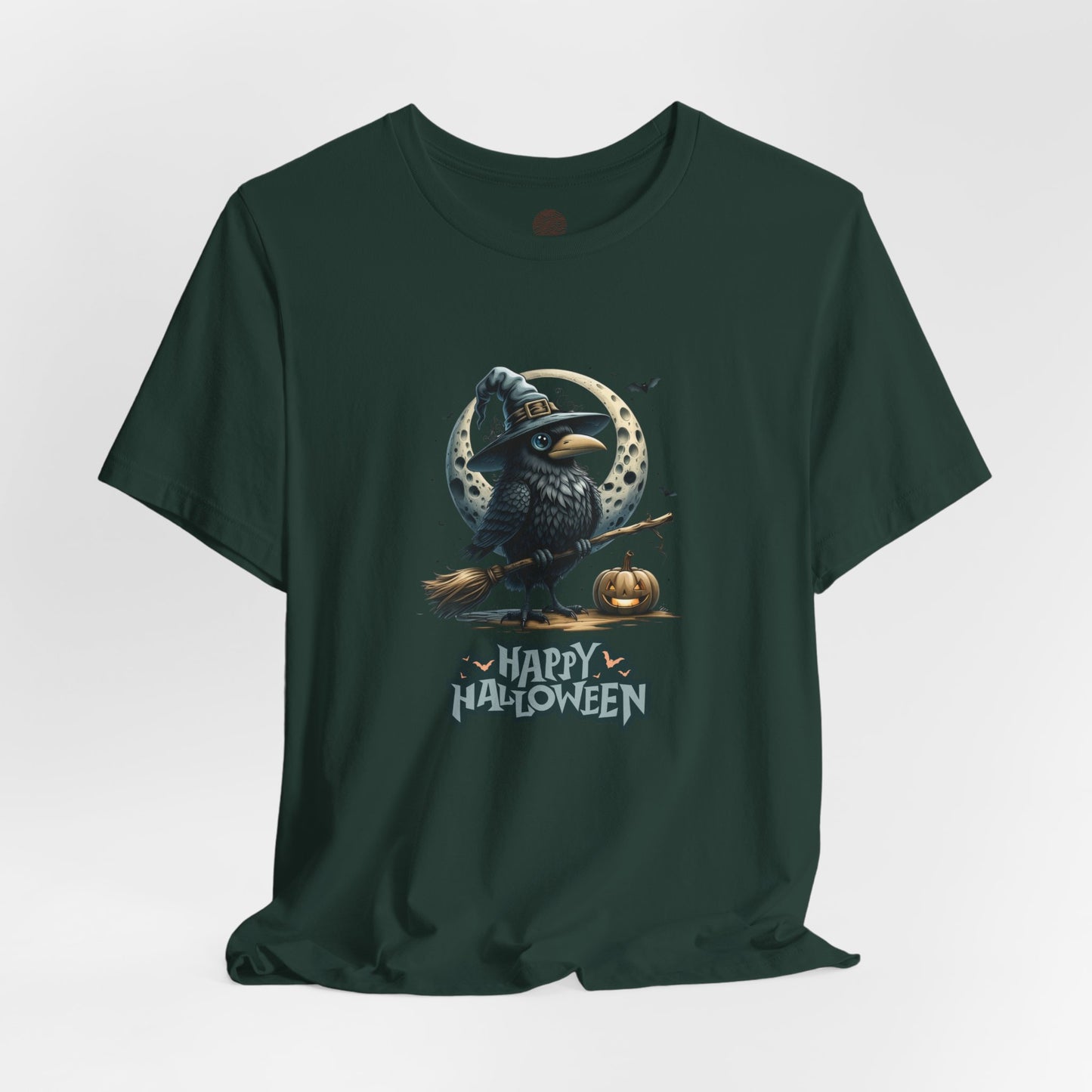 Happy Halloween Crow Shirt – Spooky Raven Witch Graphic Tee – Bella Canvas 3001 – Unisex Halloween T-Shirt for Women Men