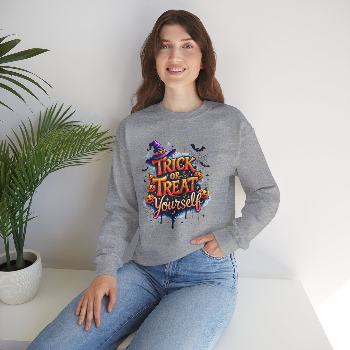 ''Trick or Treat Yourself'' Halloween Sweatshirt – Unisex Cozy Crewneck, Spooky Pumpkin & Witch Hat Graphic, Fall Aesthetic Pullover