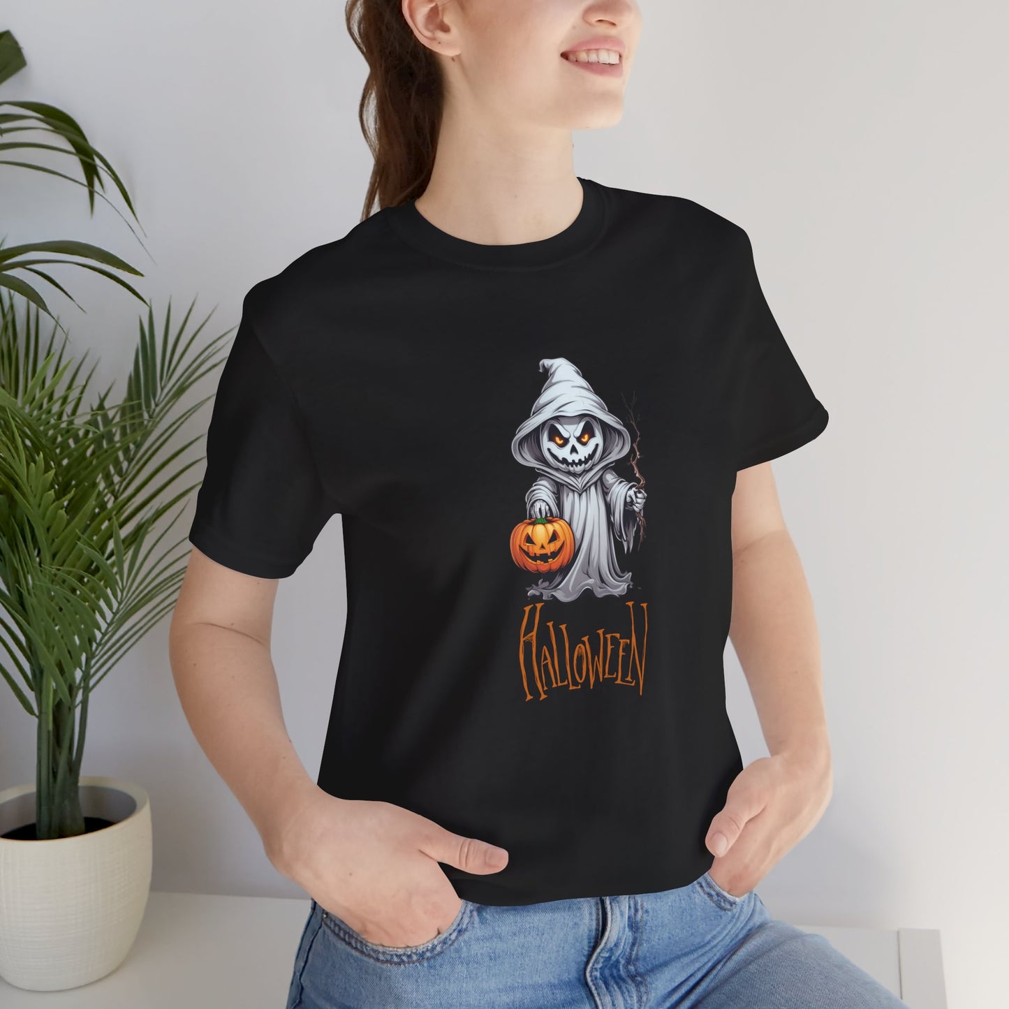 Halloween Ghost Shirt – Scary Pumpkin Graphic Tee – Bella Canvas 3001 – Spooky Unisex Halloween T-Shirt for Women Men