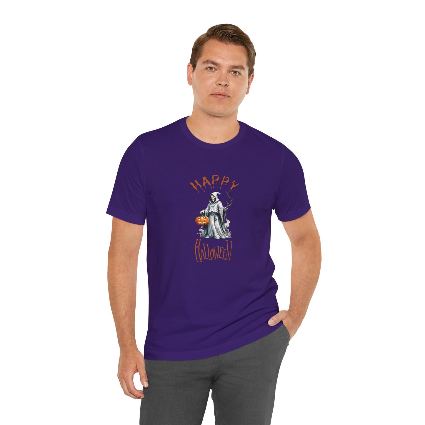 Happy Halloween Ghost Shirt – Spooky Pumpkin Graphic Tee – Bella Canvas 3001 – Unisex Cute Halloween T-Shirt for Women Men
