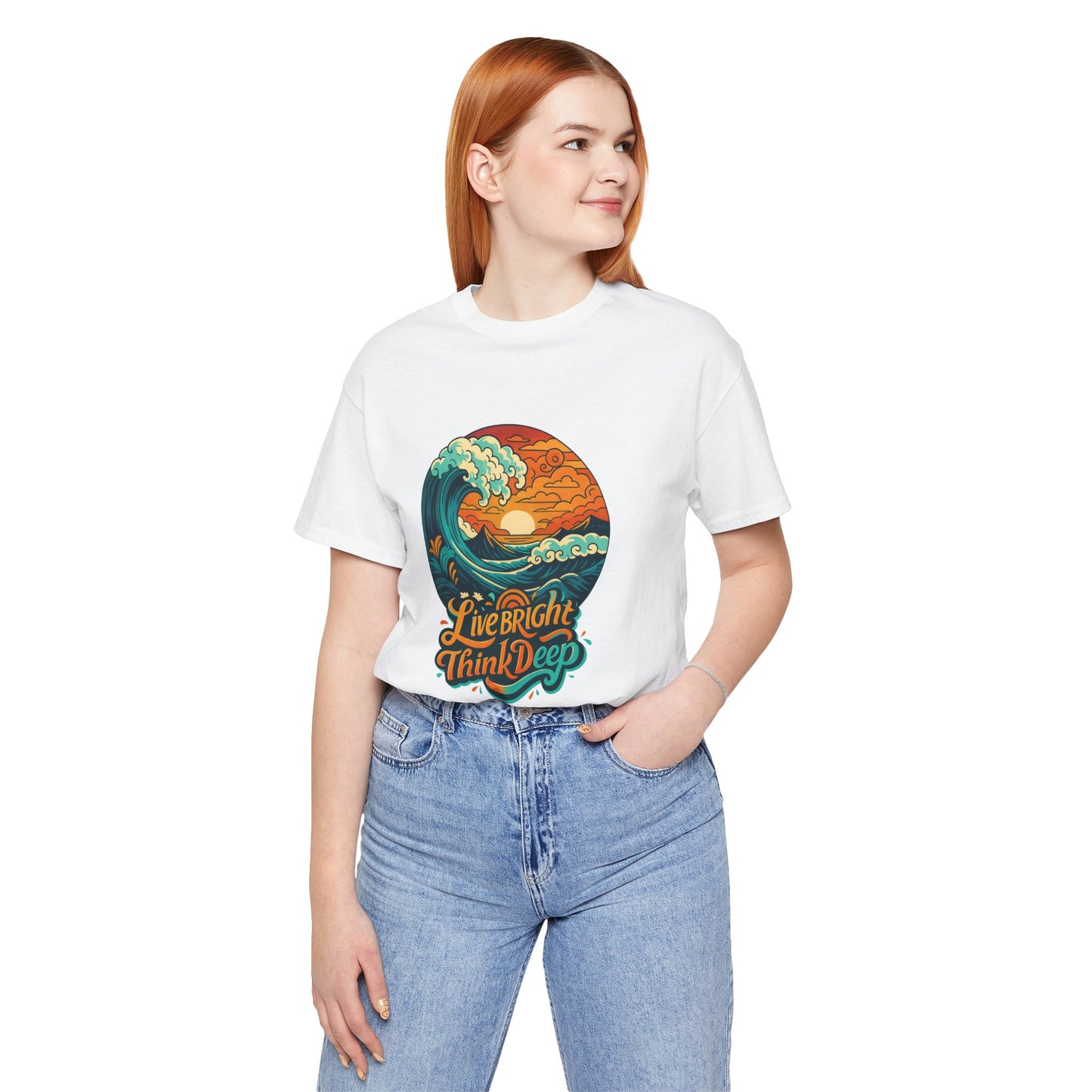 Retro Ocean Wave Sunset T-Shirt, Inspirational Typography Tee, Unisex Graphic Top, Gift for Men & Women, Live Bright Think Deep Shirt