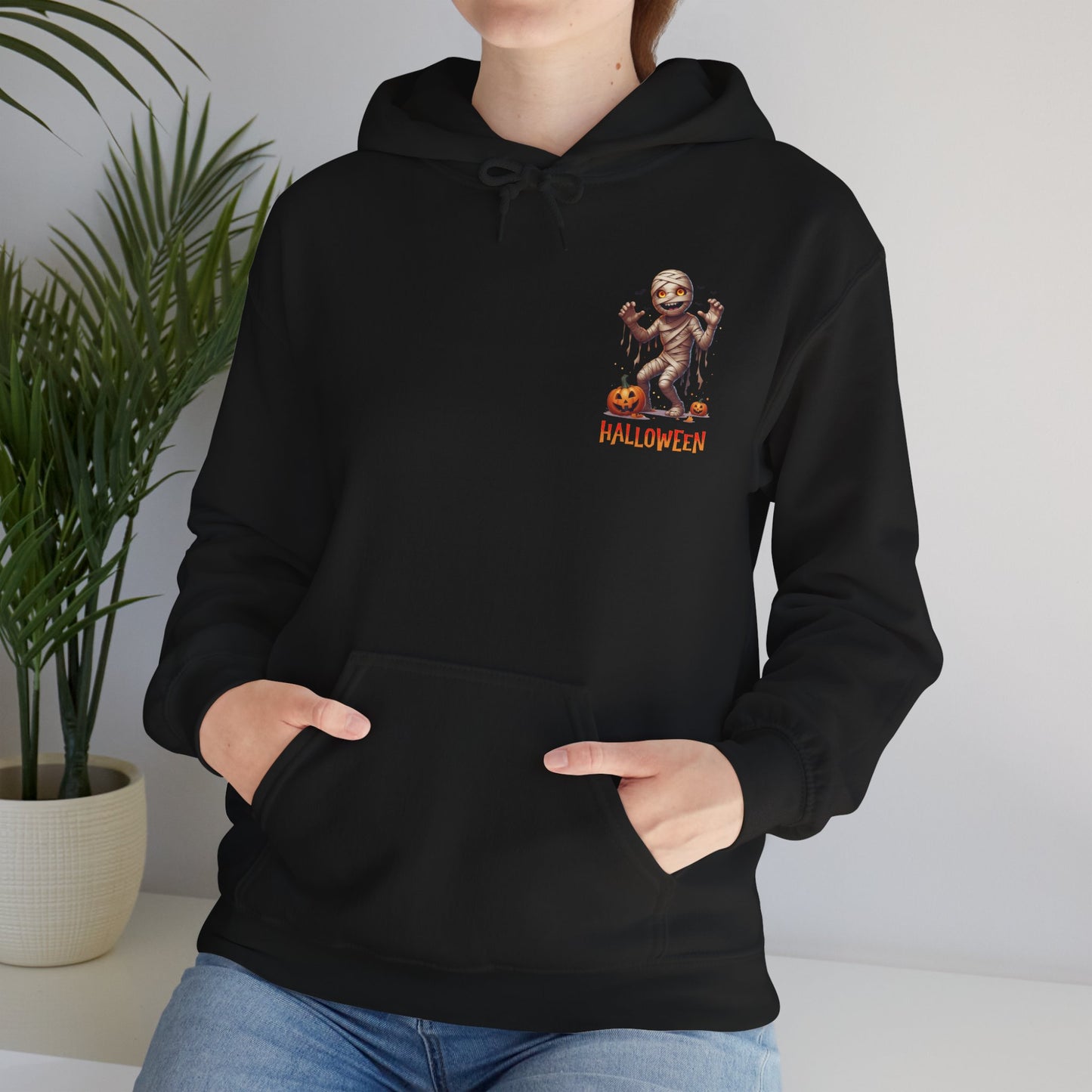 Halloween Mummy Hoodie – Spooky Pumpkin Graphic Sweatshirt – Gildan 18500 Unisex Halloween Hoodie for Fall & Horror Lovers