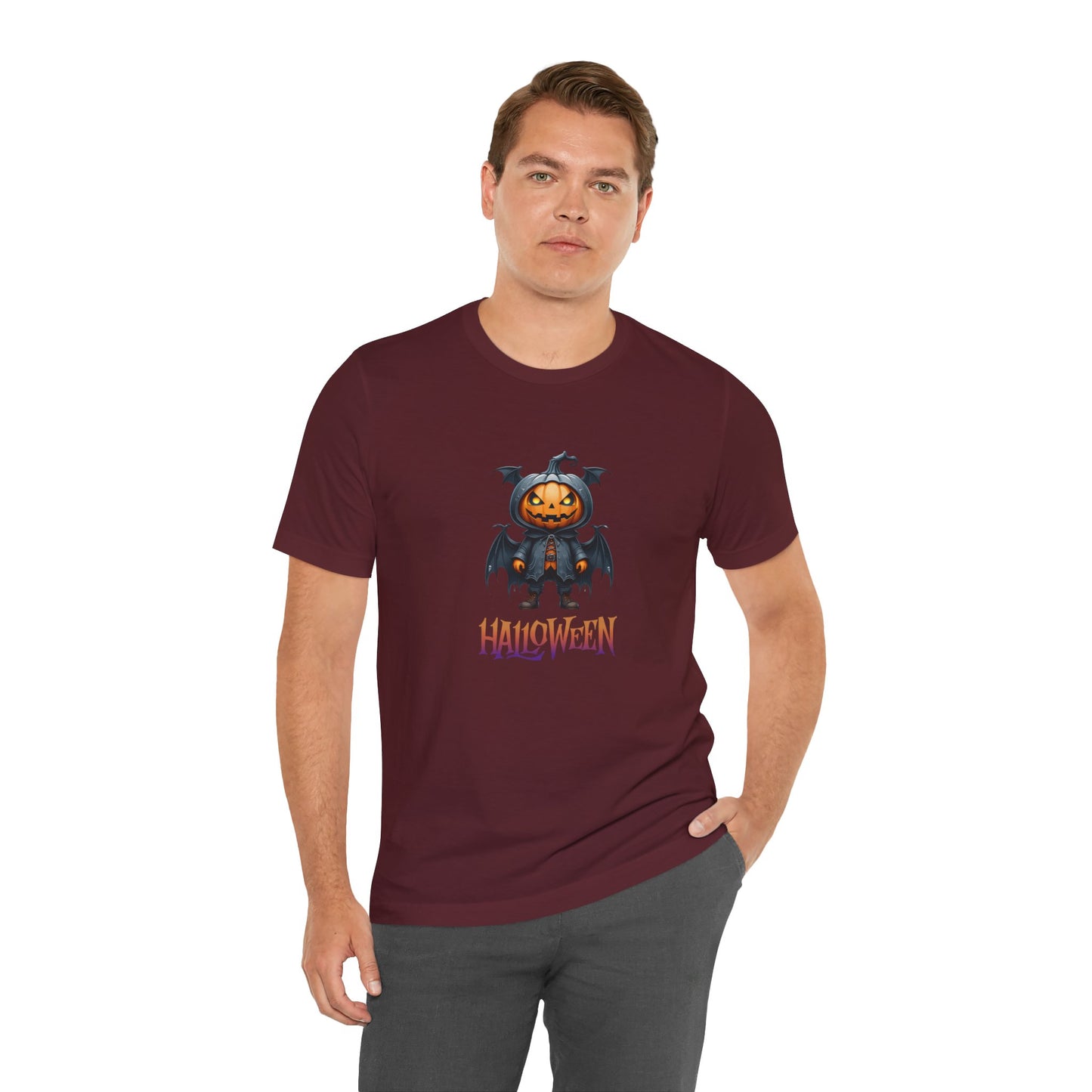 Halloween Pumpkin Bat Shirt – Spooky Jack O’Lantern Graphic Tee – Bella Canvas 3001 – Unisex Halloween T-Shirt for Women Men