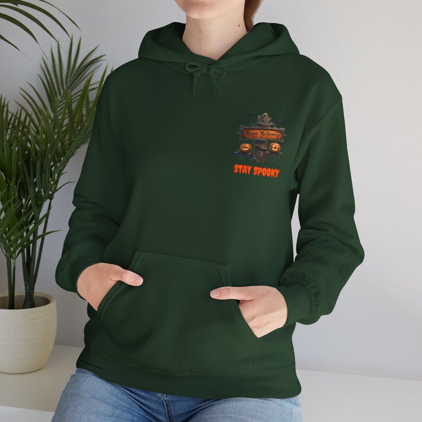 Stay Spooky Halloween Hoodie – Happy Halloween Gravestone & Pumpkin Graphic – Gildan Heavy Blend Unisex Pullover"
