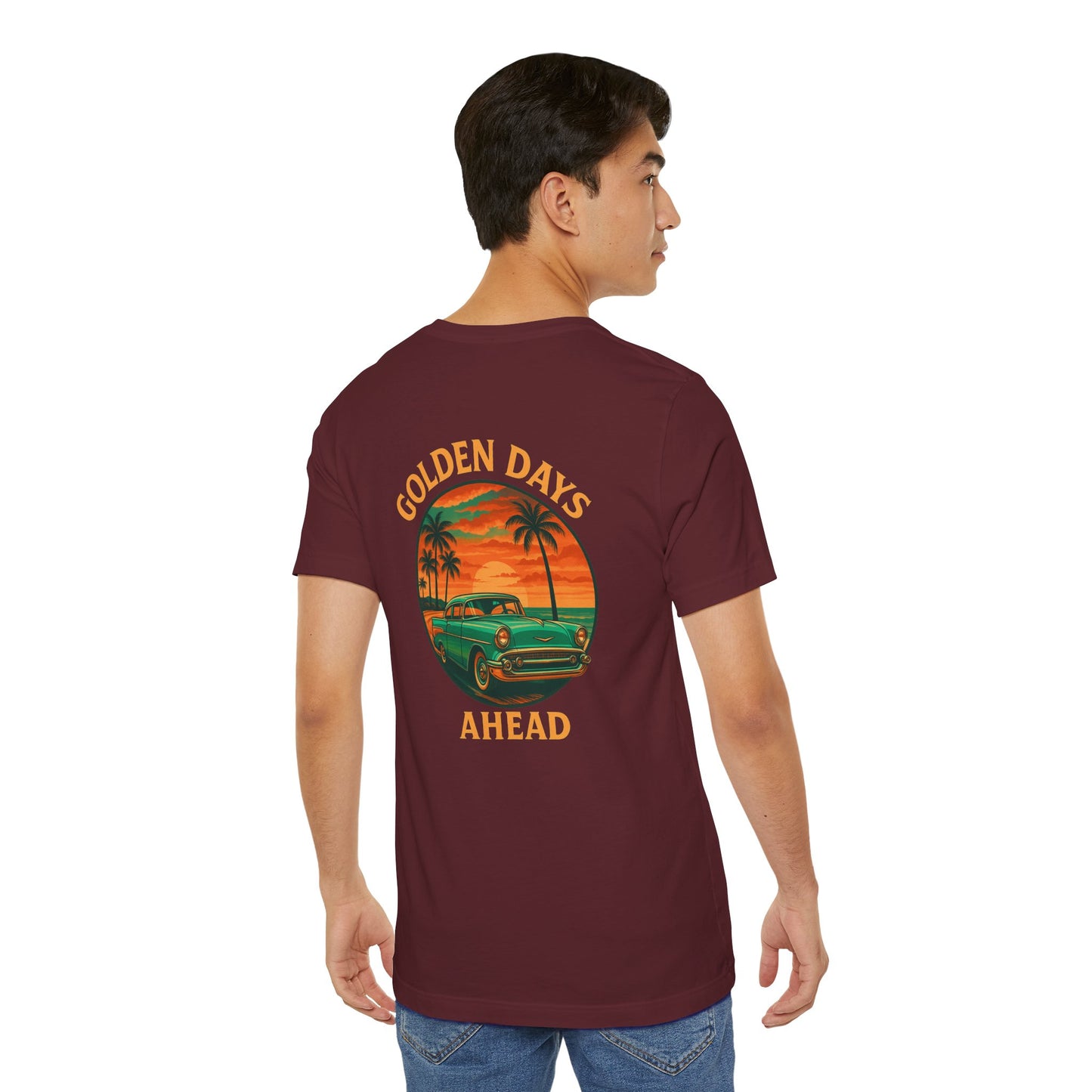Golden Days Ahead Retro Car T-Shirt, Vintage Classic 50s Tee, Coastal Sunset Palm Trees, Unisex Jersey Shirt, Bella Canvas 3001, Men Women,