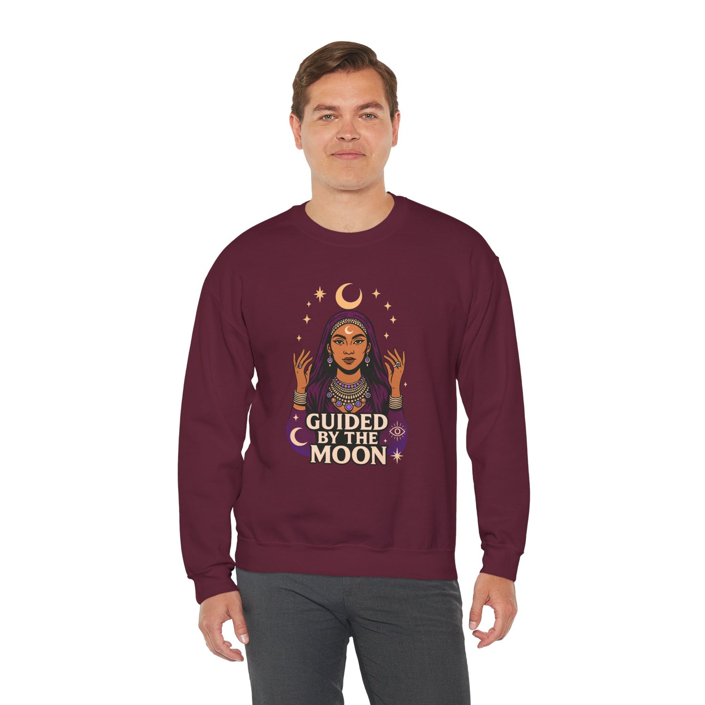 Guided by the Moon Sweatshirt, Mystical Celestial Graphic Pullover, Astrology Spiritual Unisex Crewneck, Moon Phase Cozy Gift, Celestial
