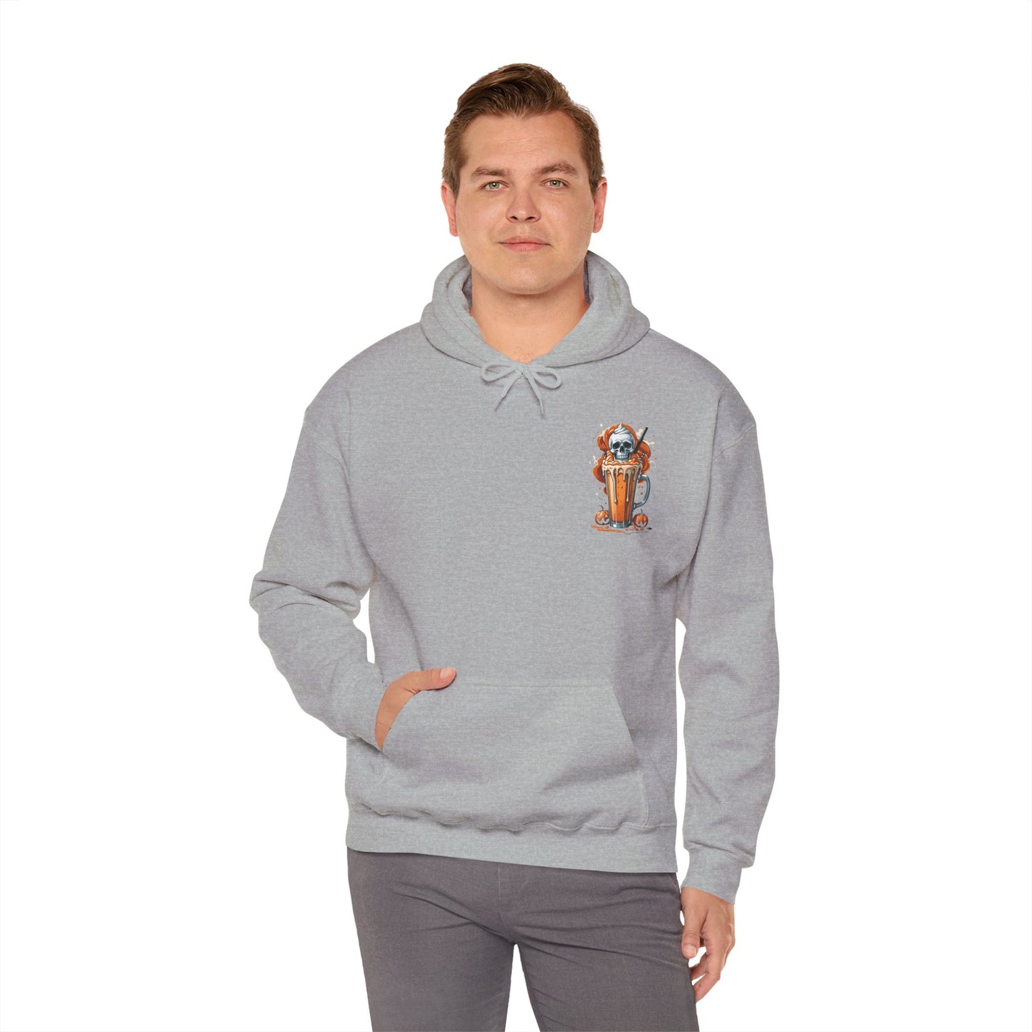 Halloween Skull Pumpkin Latte Hoodie – Spooky Fall Coffee Graphic Sweatshirt – Gildan 18500 Unisex Cozy Autumn Hoodie