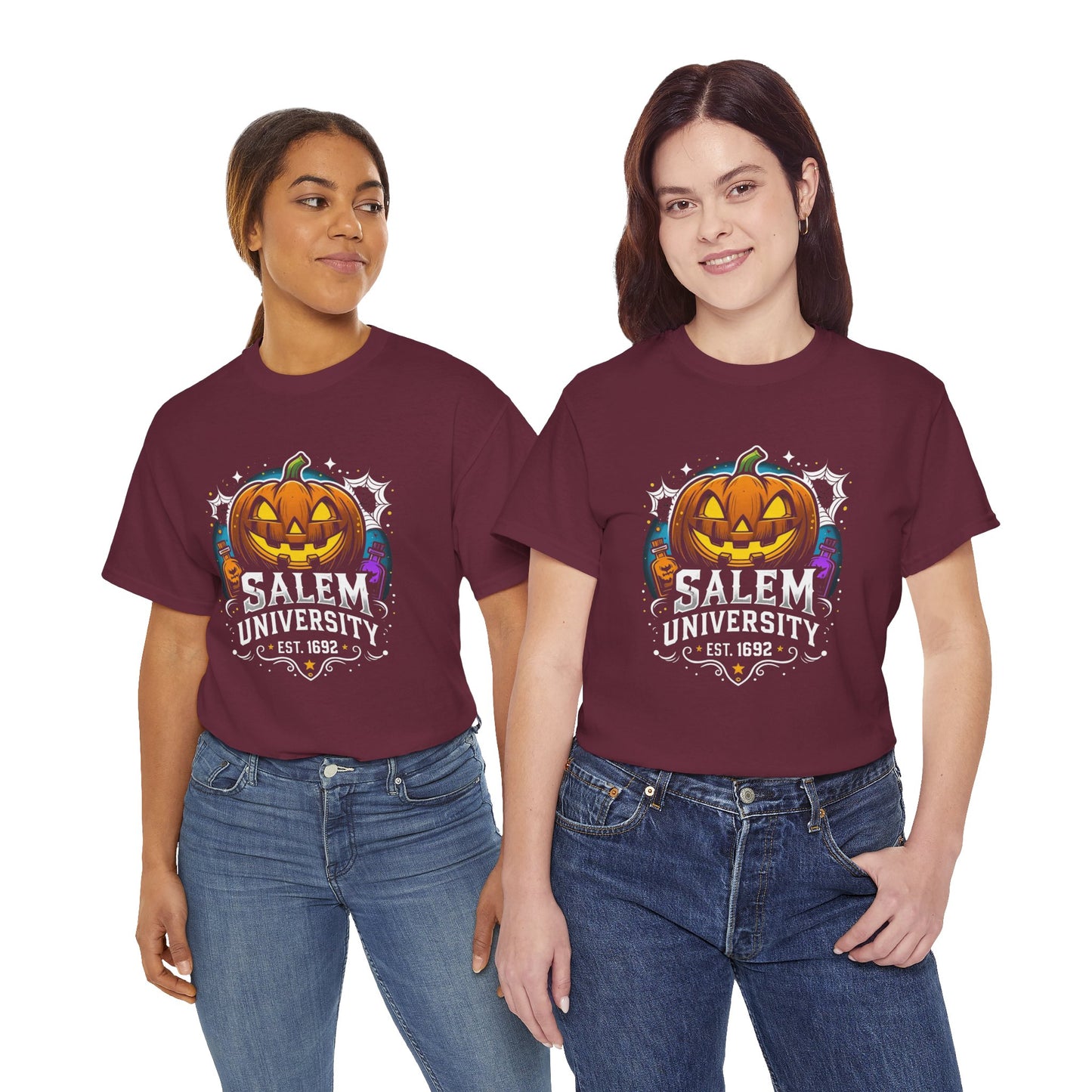Salem University Halloween Shirt | Funny Witch Pumpkin Graphic Tee | Spooky Witchcraft Unisex T-Shirt | Vintage Halloween Party Top