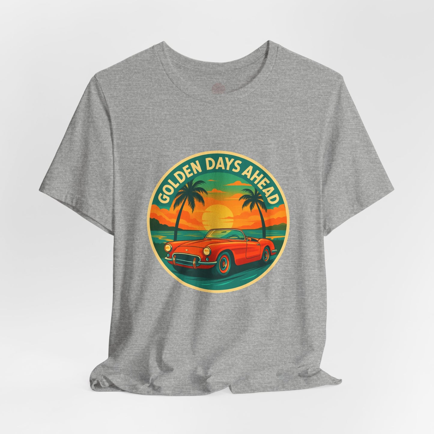 Golden Days Ahead Retro Convertible T-Shirt, Vintage Classic Car Graphic Tee, Sunset Beach Palm Trees - Unisex Jersey Short Sleeve Tee,