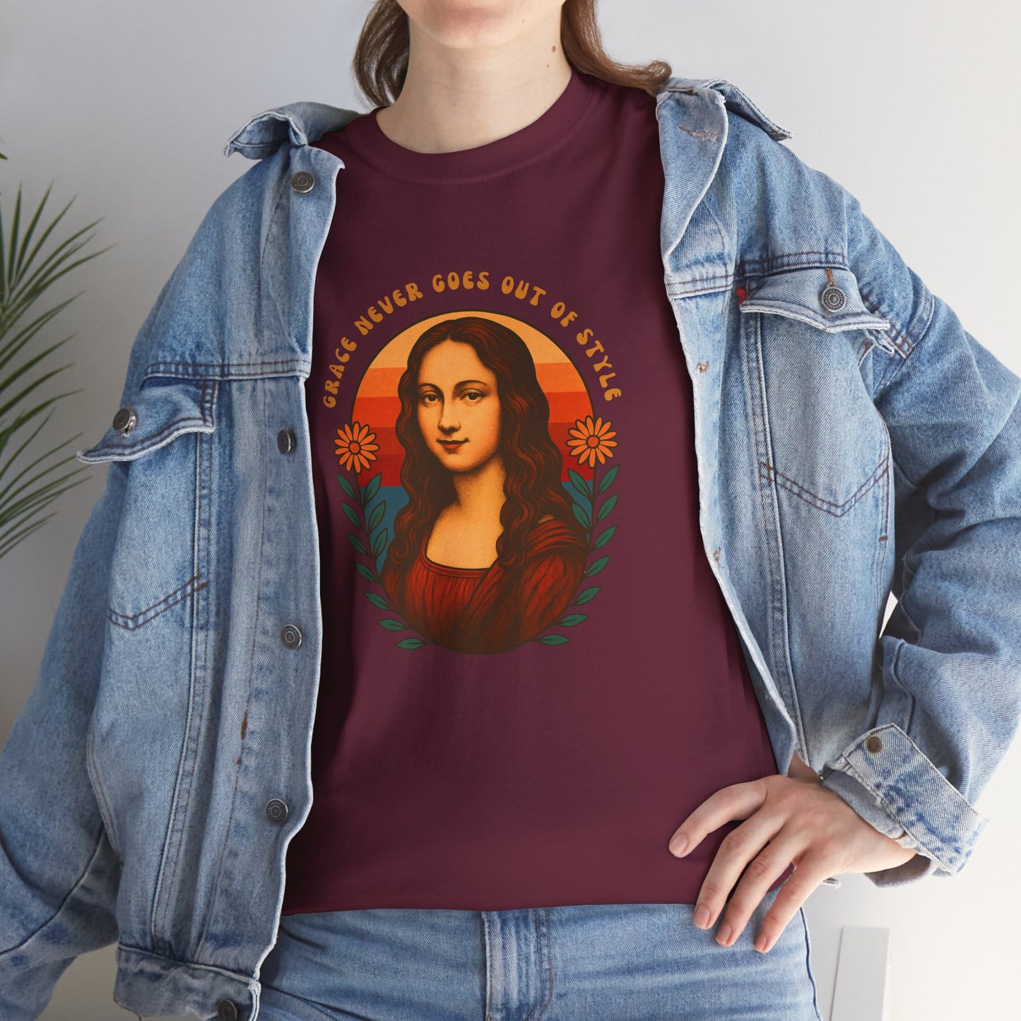 Retro Mona Lisa Unisex Heavy Cotton Tee - Vintage Aesthetic Graphic Shirt, 70s Art Tee, Trendy Gildan 5000 Top, Grace Never Goes Out of