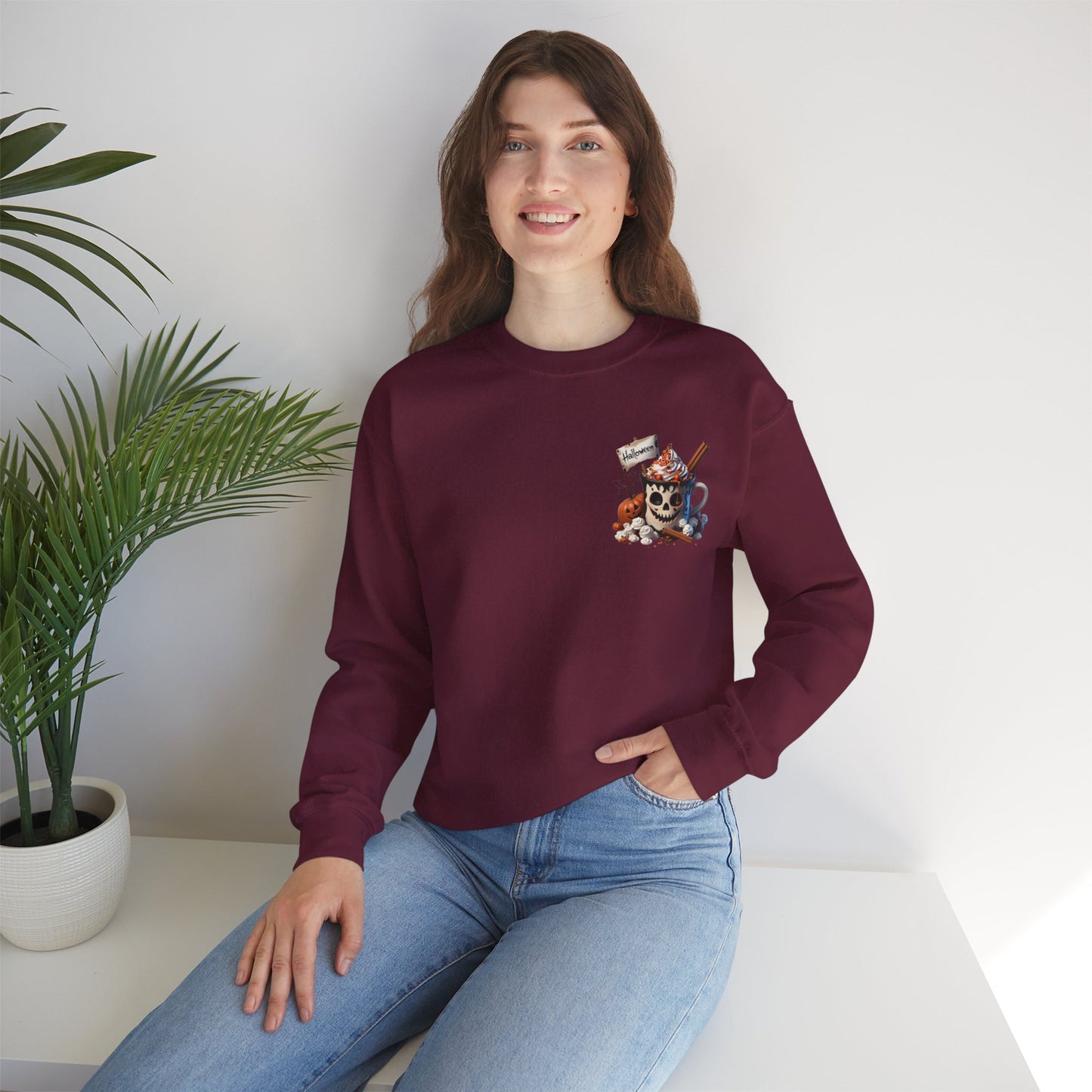 Halloween Skull Coffee Sweatshirt – Spooky Pumpkin Latte Fall Sweater – Cozy Autumn Skull Cup Pullover-Gildan 18000