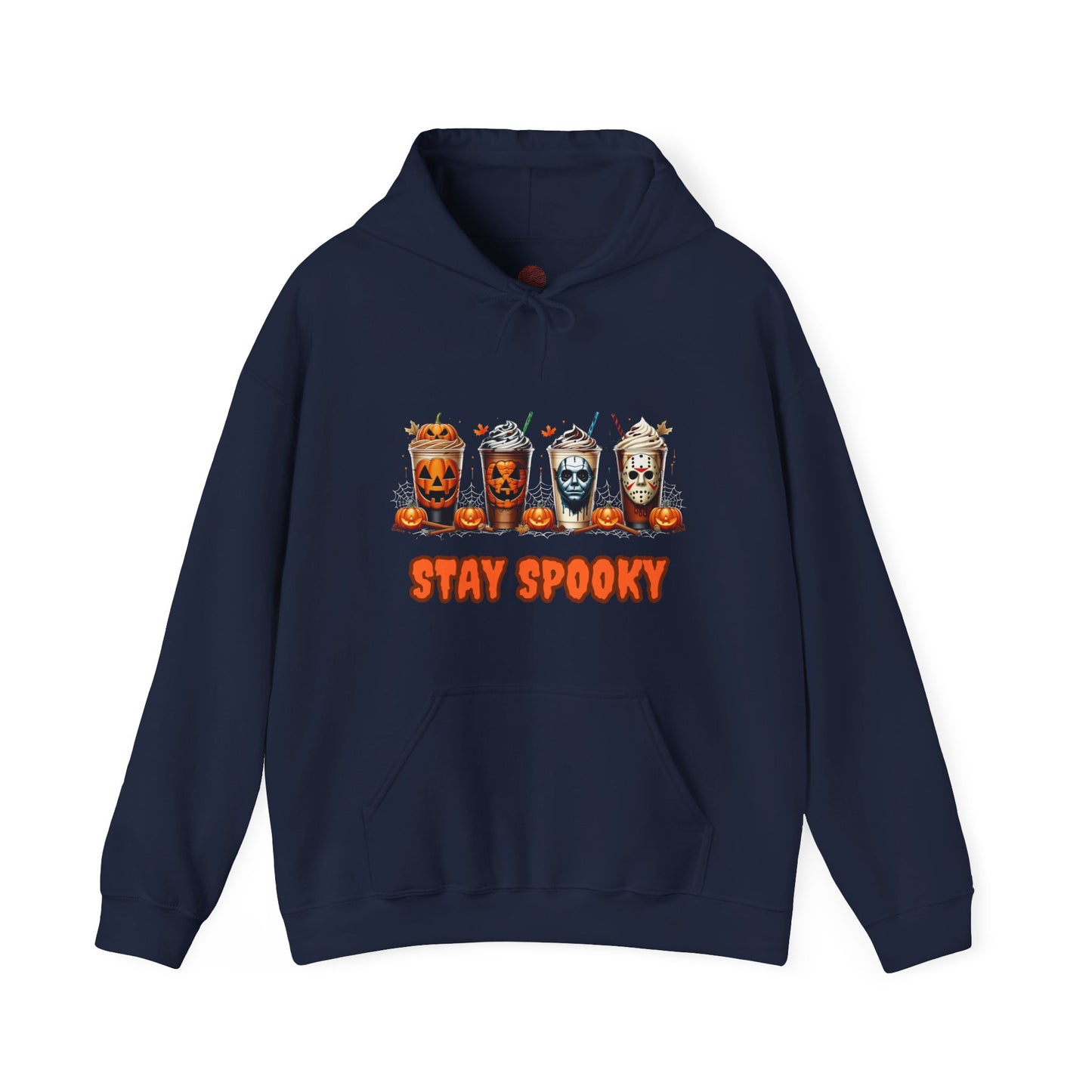 Stay Spooky Halloween Horror Hoodie – Pumpkin Skull Coffee Cup Graphic – Michael Myers Jason Inspired – Gildan 18500 Unisex Pullover