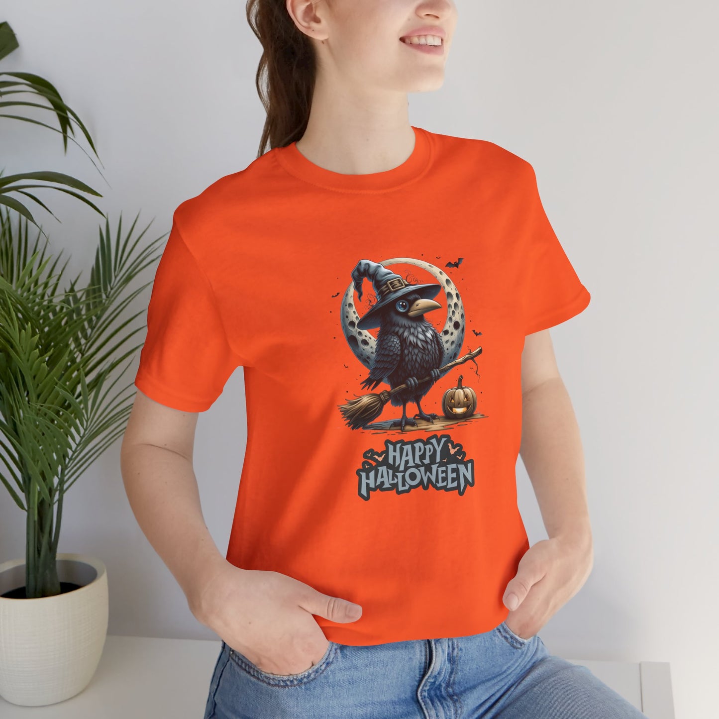 Happy Halloween Crow Shirt – Spooky Raven Witch Graphic Tee – Bella Canvas 3001 – Unisex Halloween T-Shirt for Women Men