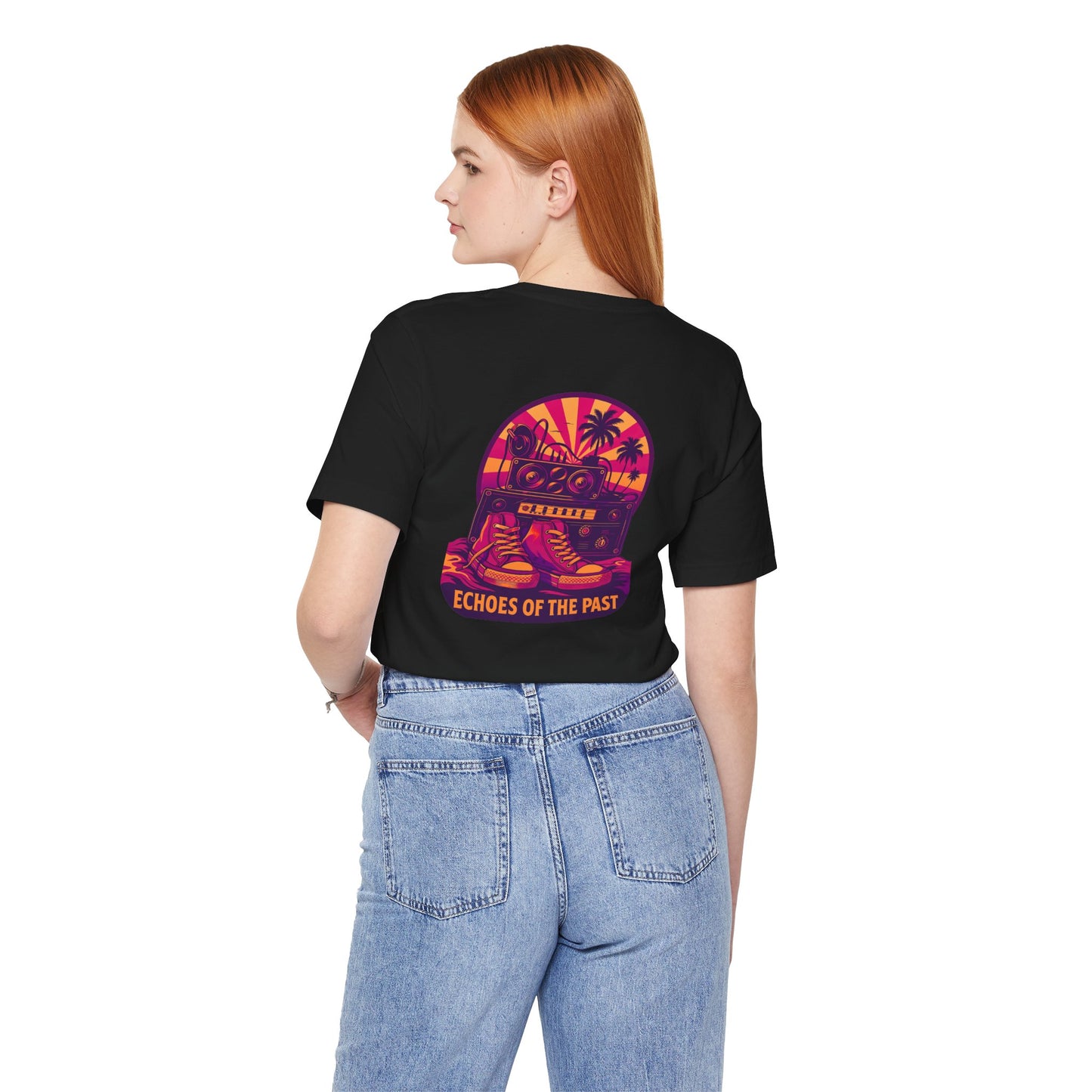 Echoes of the Past Retro Sunset T-Shirt – Bella Canvas 3001 Unisex 80s Vaporwave Graphic Tee, Vintage Music Lover Shirt