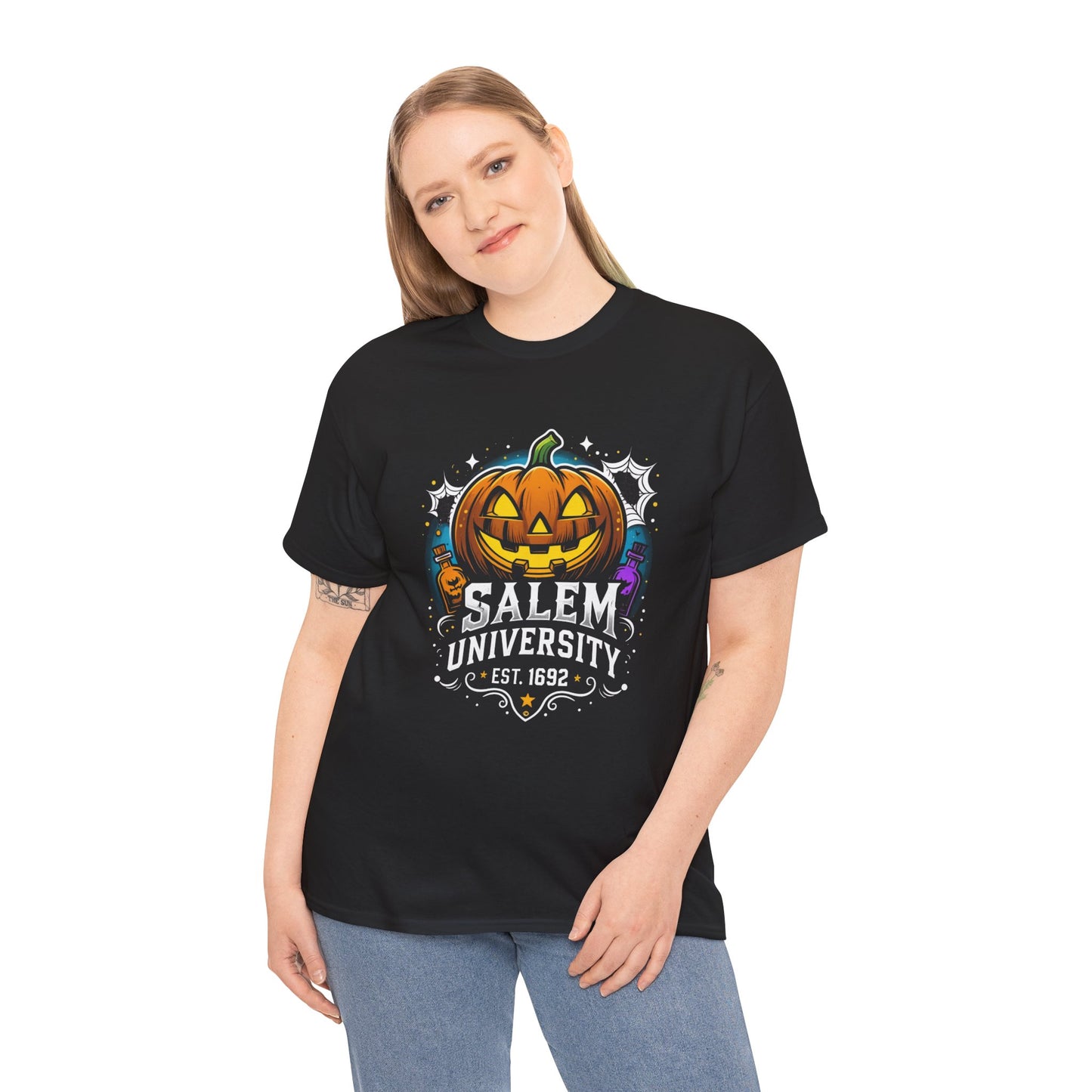 Salem University Halloween Shirt | Funny Witch Pumpkin Graphic Tee | Spooky Witchcraft Unisex T-Shirt | Vintage Halloween Party Top