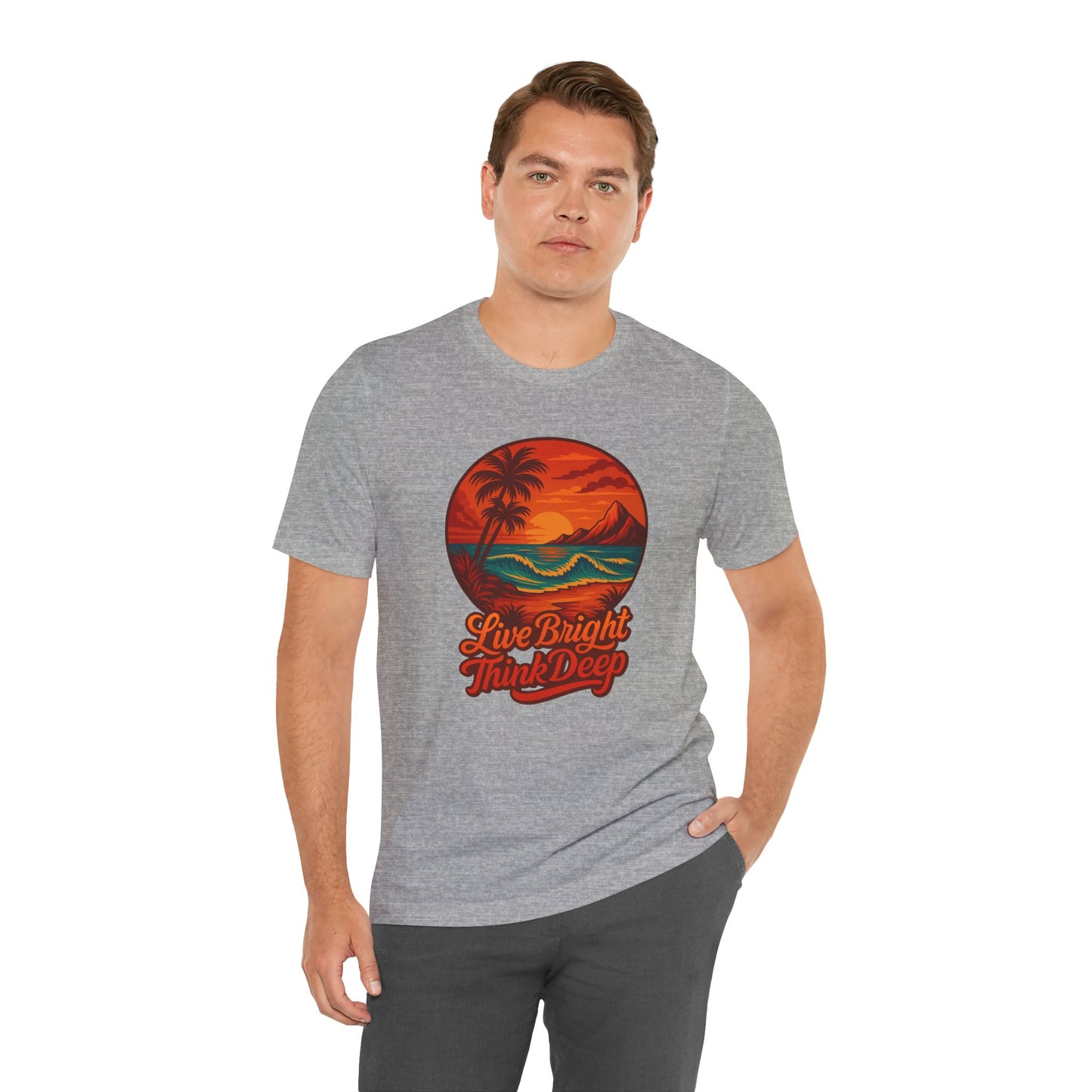 Retro Sunset Ocean Wave Graphic Tee - Live Bright Think Deep T-Shirt, Palm Tree Beach Shirt, Inspirational Typography, Unisex Bella Canvas