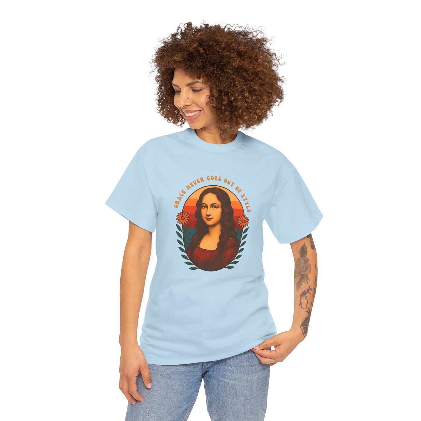 Retro Mona Lisa Unisex Heavy Cotton Tee - Vintage Aesthetic Graphic Shirt, 70s Art Tee, Trendy Gildan 5000 Top, Grace Never Goes Out of