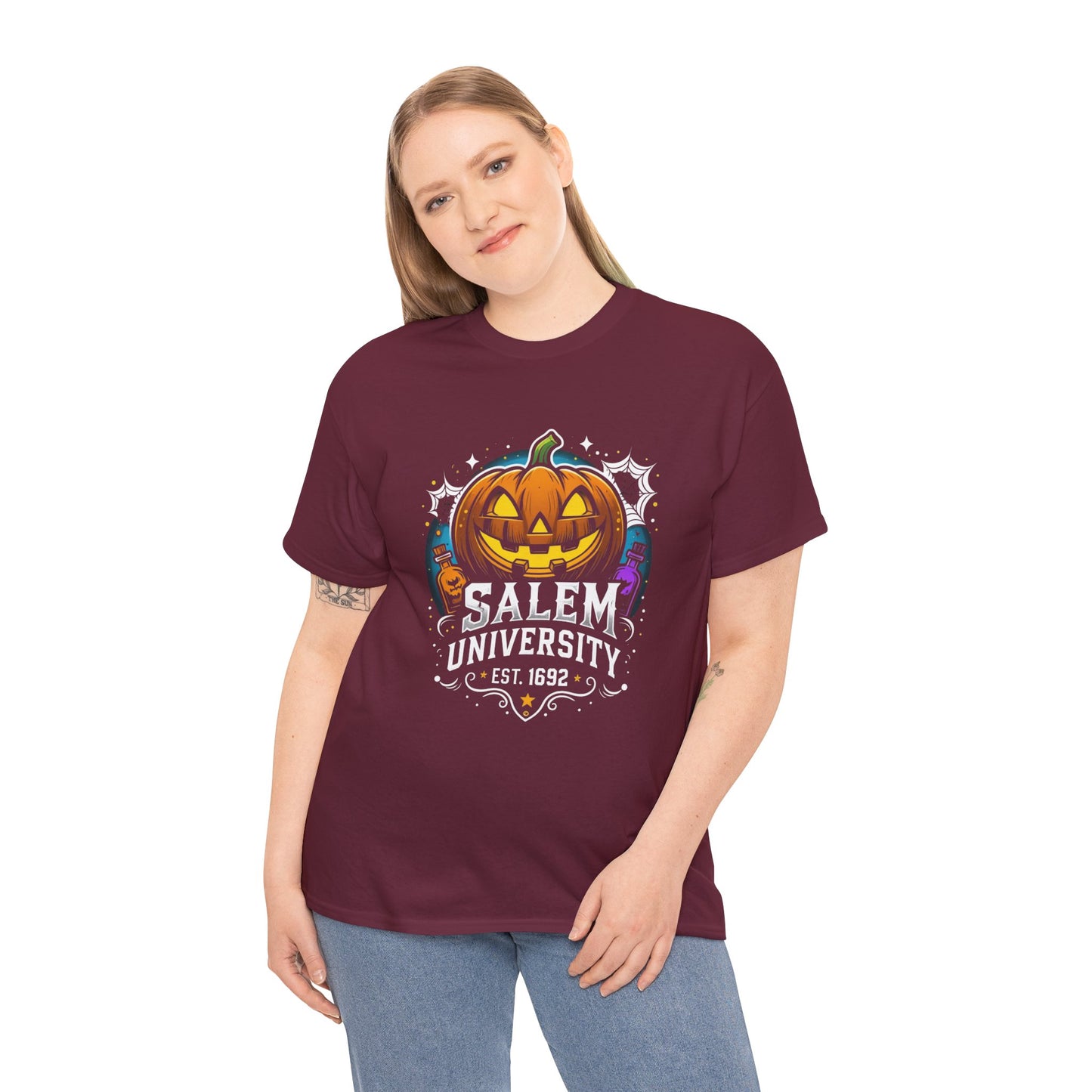 Salem University Halloween Shirt | Funny Witch Pumpkin Graphic Tee | Spooky Witchcraft Unisex T-Shirt | Vintage Halloween Party Top