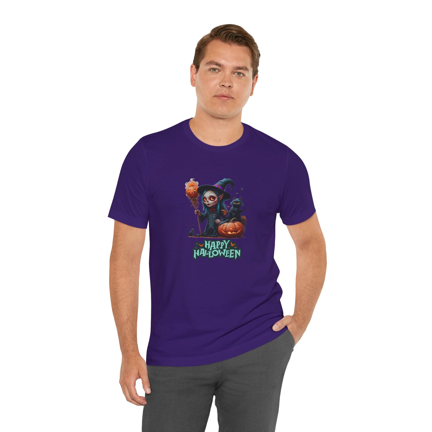 Happy Halloween Witch Shirt – Spooky Pumpkin Cat Graphic Tee – Bella Canvas 3001 – Unisex Halloween T-Shirt for Women Men