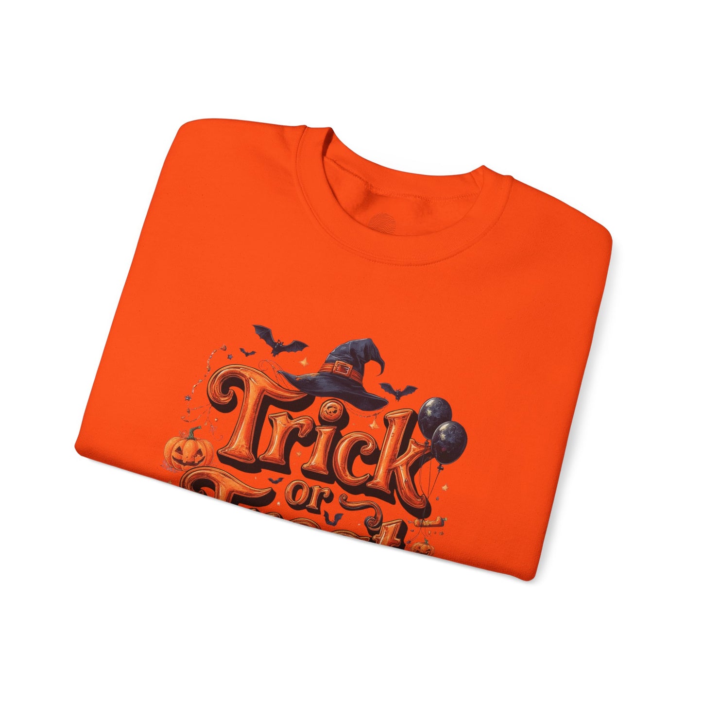 Halloween “Trick or Treat” Graphic Sweatshirt – Cozy Cotton Blend, Spooky Pumpkin & Witch Hat Design