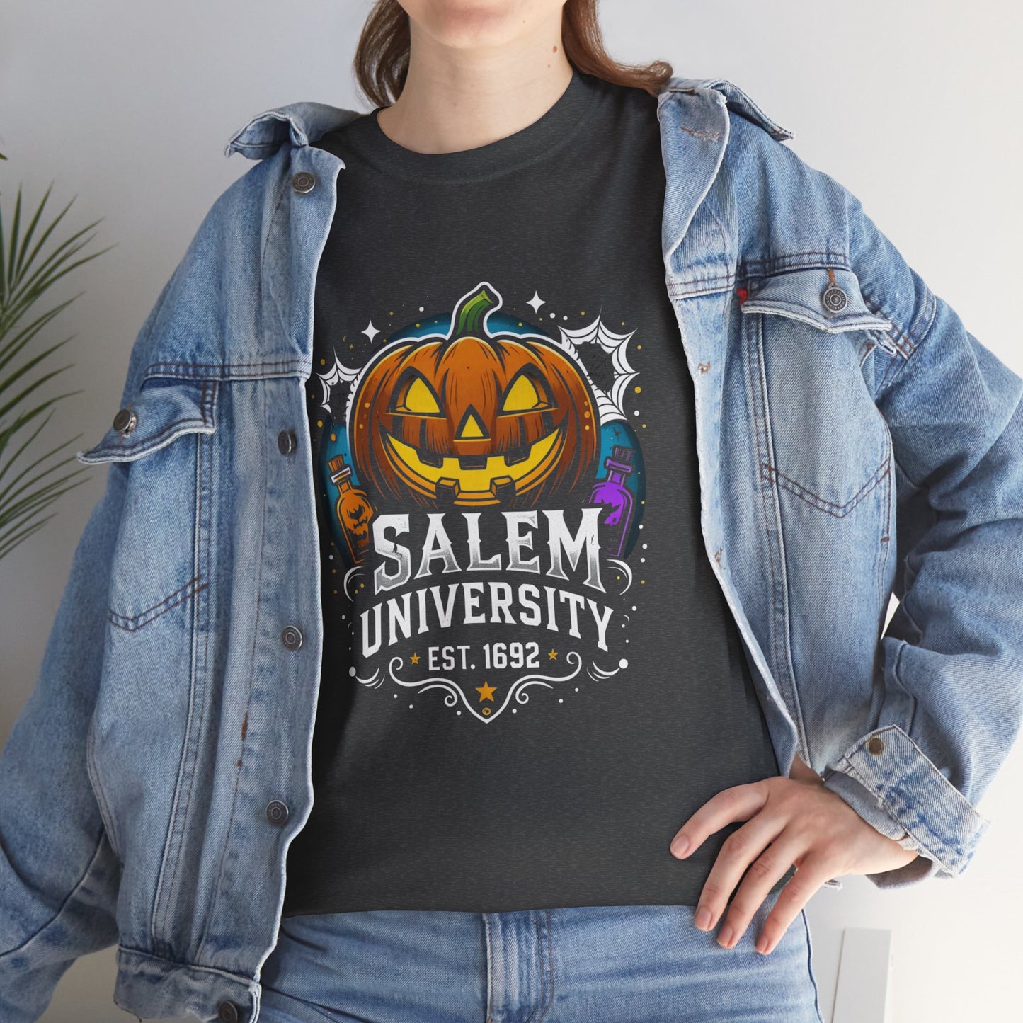 Salem University Halloween Shirt | Funny Witch Pumpkin Graphic Tee | Spooky Witchcraft Unisex T-Shirt | Vintage Halloween Party Top