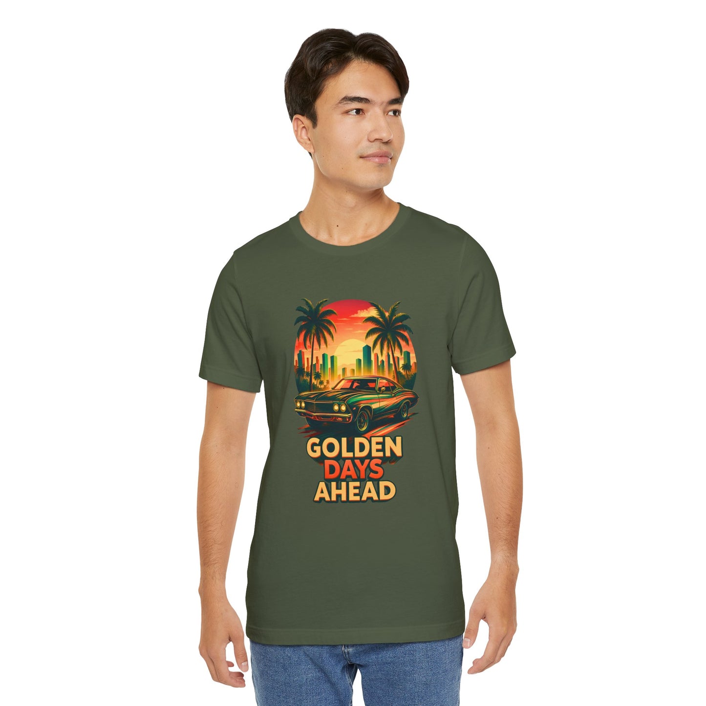 Retro Sunset Muscle Car T-Shirt, Vintage Skyline Graphic Tee, Unisex Jersey Tee, Golden Days Ahead Shirt, Bella Canvas 3001