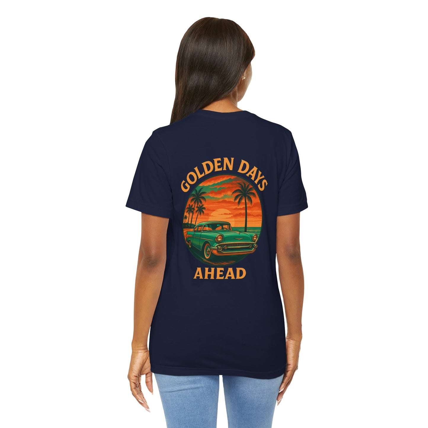 Golden Days Ahead Retro Car T-Shirt, Vintage Classic 50s Tee, Coastal Sunset Palm Trees, Unisex Jersey Shirt, Bella Canvas 3001, Men Women,