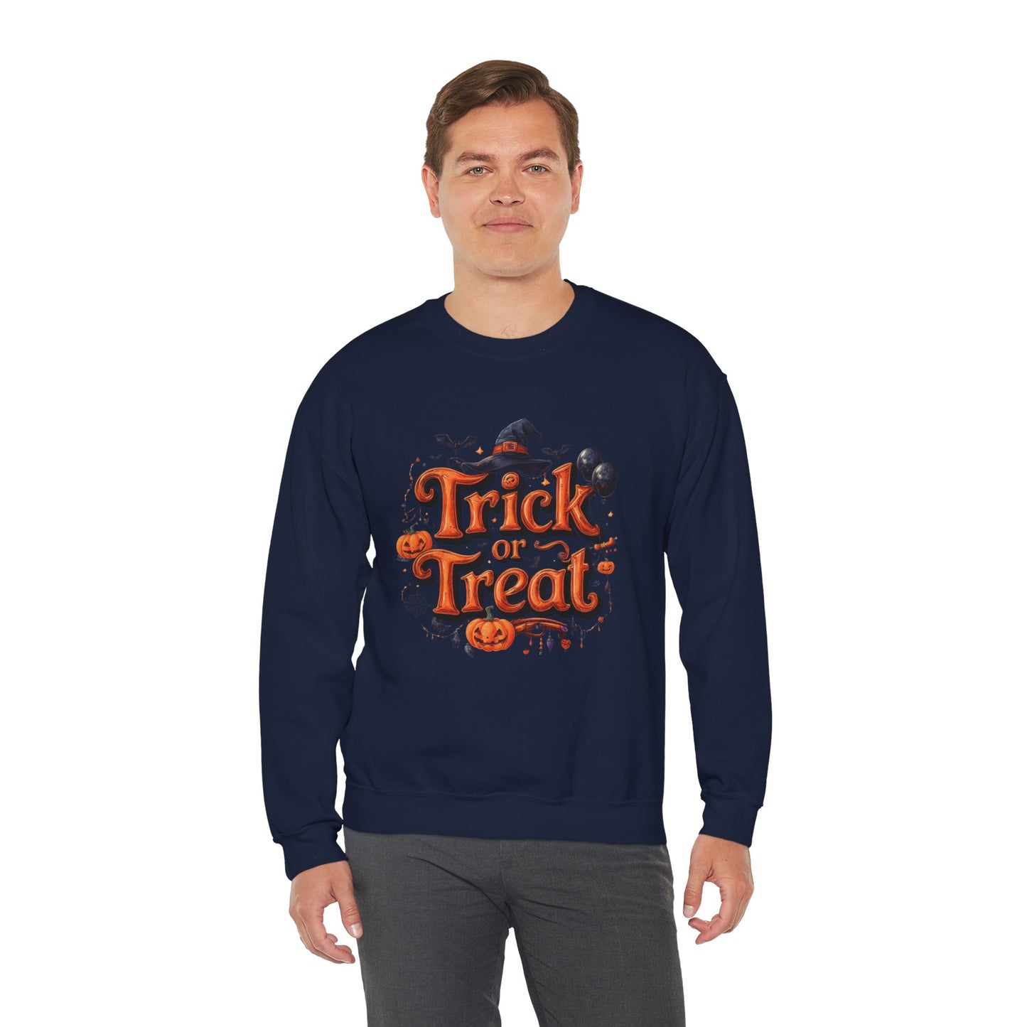 Halloween “Trick or Treat” Graphic Sweatshirt – Cozy Cotton Blend, Spooky Pumpkin & Witch Hat Design