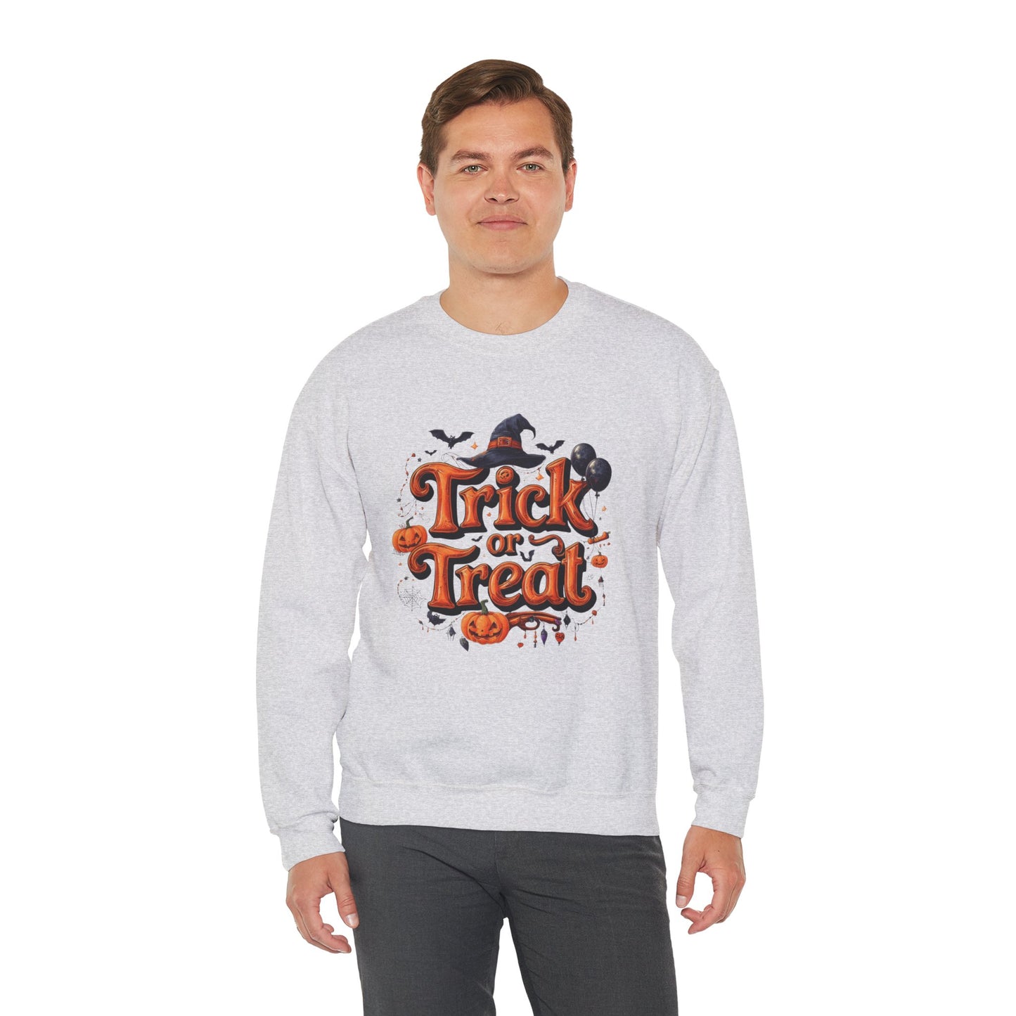 Halloween “Trick or Treat” Graphic Sweatshirt – Cozy Cotton Blend, Spooky Pumpkin & Witch Hat Design