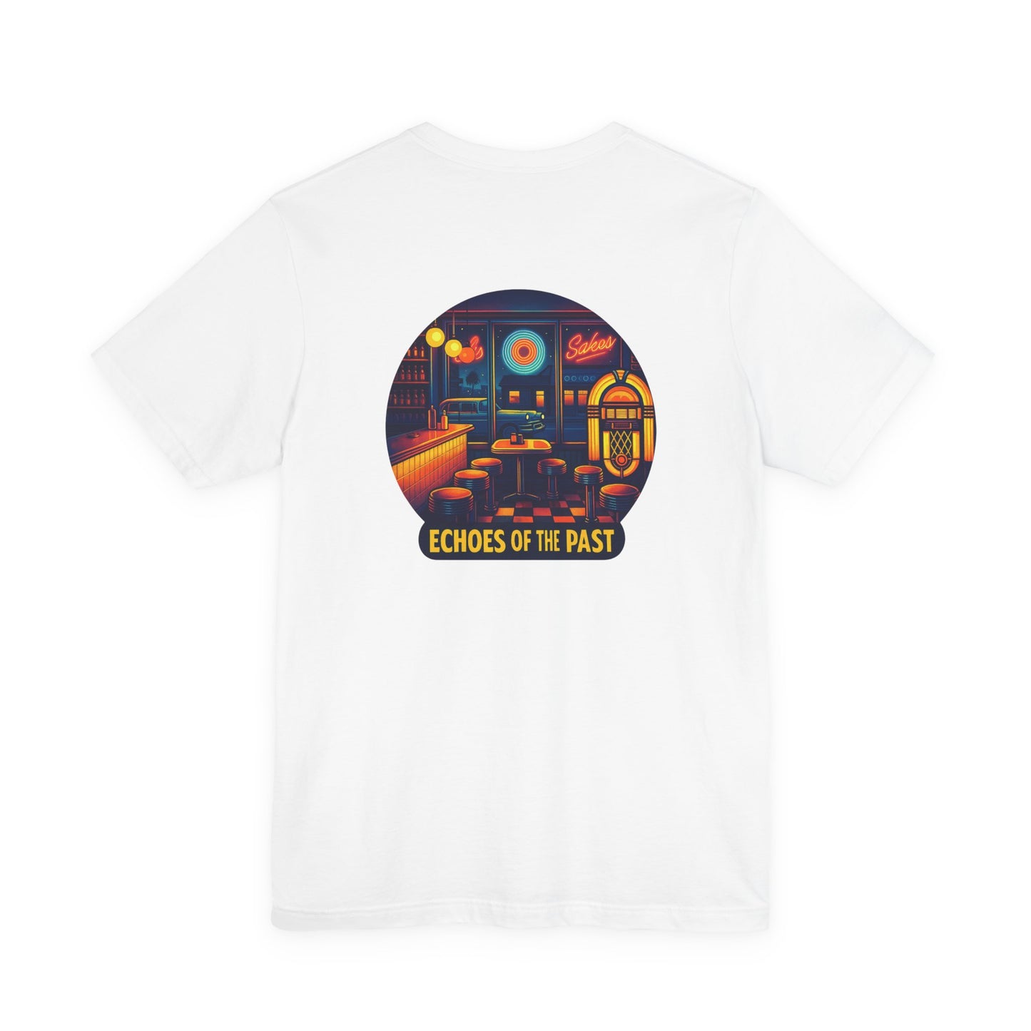 Echoes of the Past Retro Diner T-Shirt – Bella Canvas 3001 Unisex Vintage 80s Jukebox Neon Graphic Tee