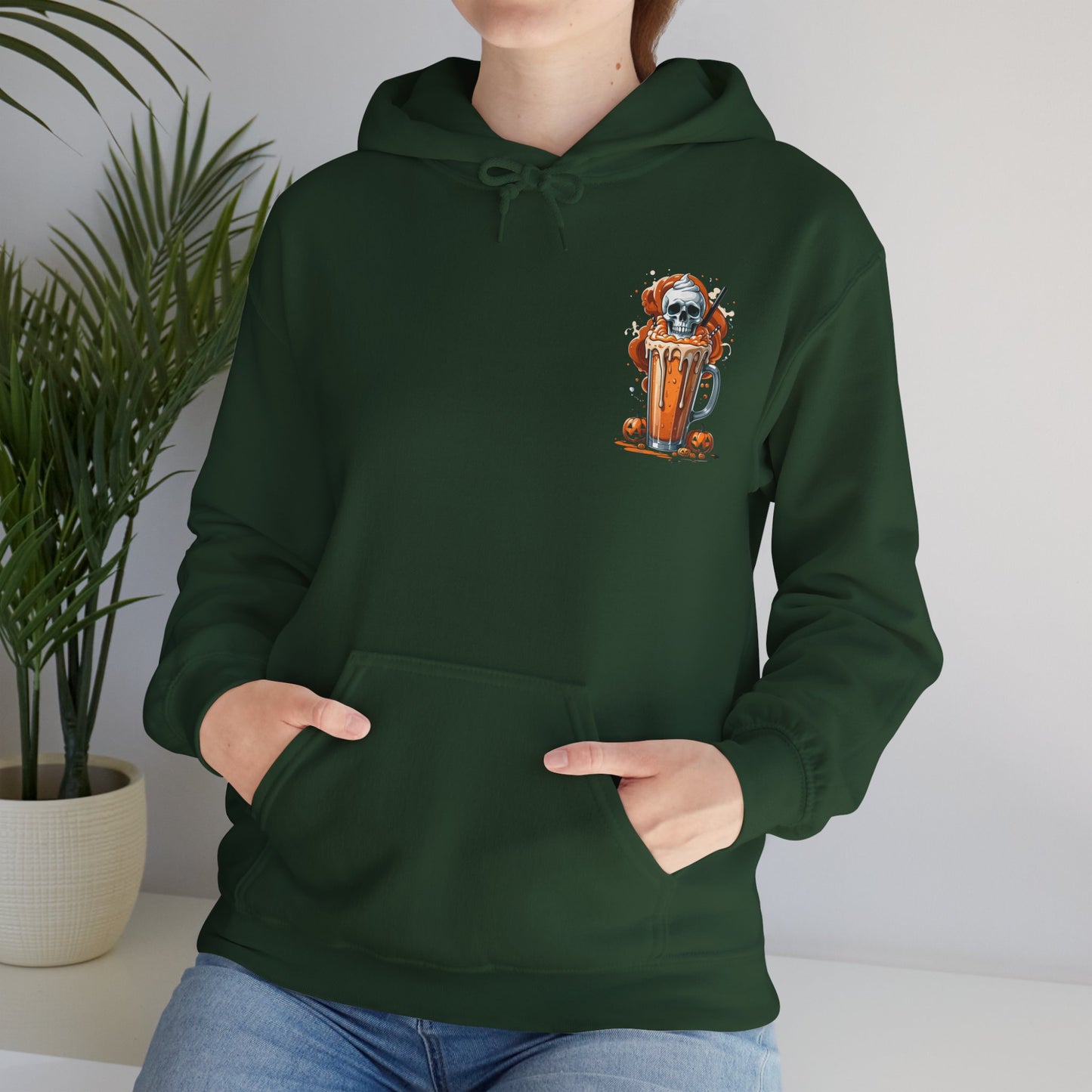 Halloween Skull Pumpkin Latte Hoodie – Spooky Fall Coffee Graphic Sweatshirt – Gildan 18500 Unisex Cozy Autumn Hoodie