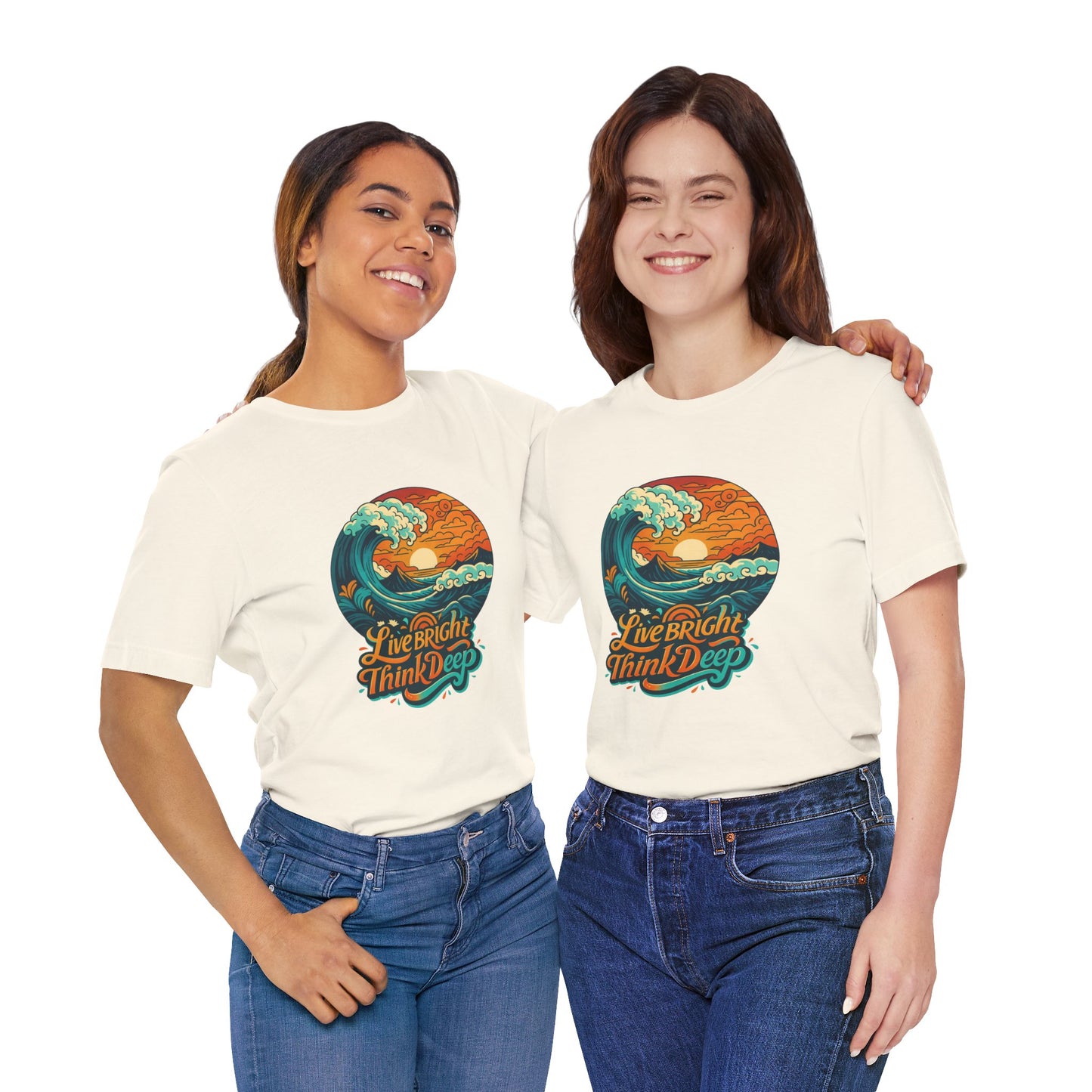 Retro Ocean Wave Sunset T-Shirt, Inspirational Typography Tee, Unisex Graphic Top, Gift for Men & Women, Live Bright Think Deep Shirt
