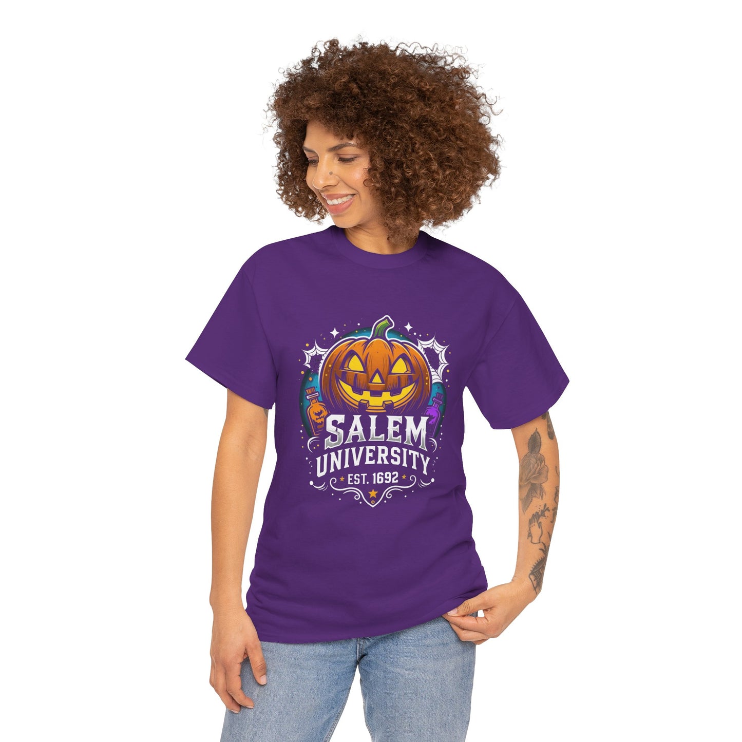 Salem University Halloween Shirt | Funny Witch Pumpkin Graphic Tee | Spooky Witchcraft Unisex T-Shirt | Vintage Halloween Party Top