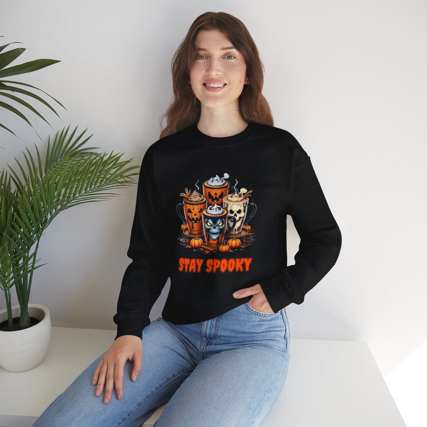 "Stay Spooky Halloween Coffee Cup Sweatshirt – Cozy Gildan Crewneck for Fall & Pumpkin Lovers"