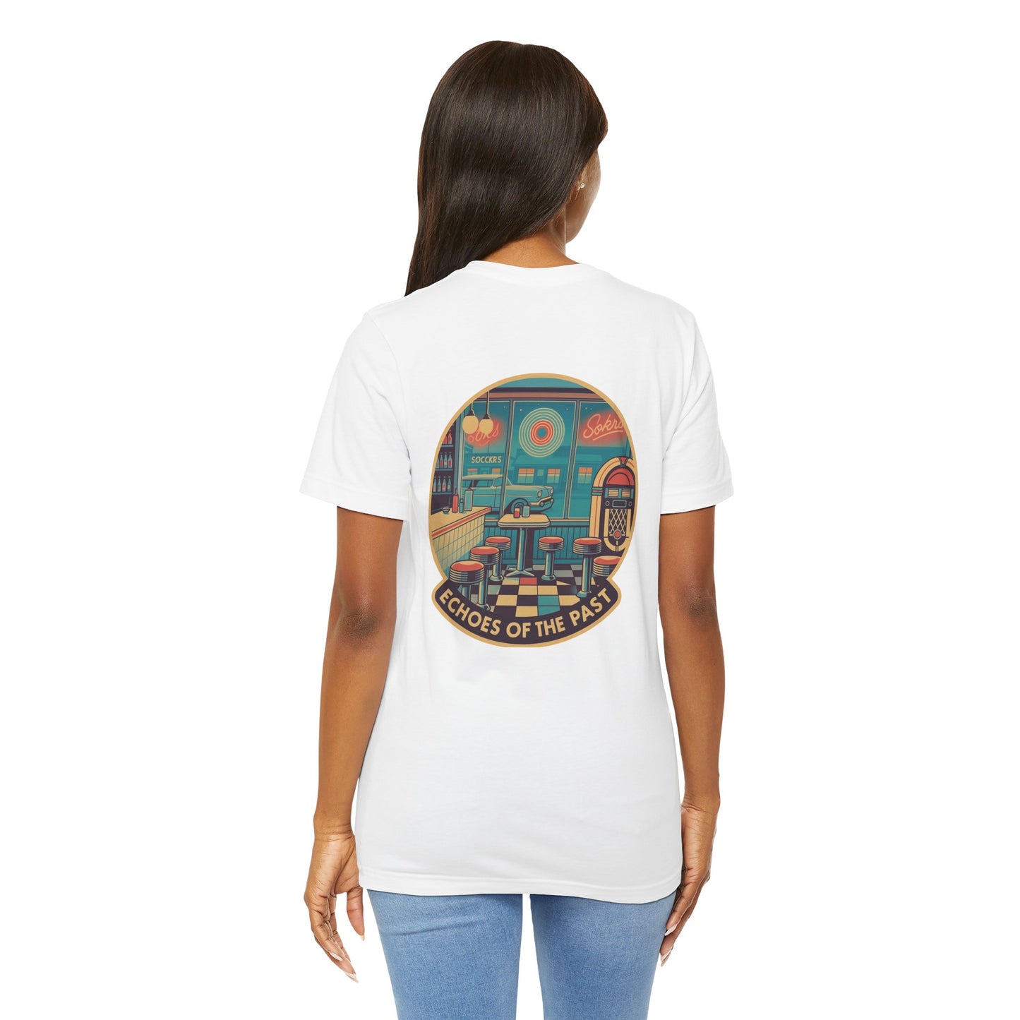 Echoes of the Past Retro Diner T-Shirt – Bella Canvas 3001 Unisex Vintage 80s Jukebox Neon Graphic Tee