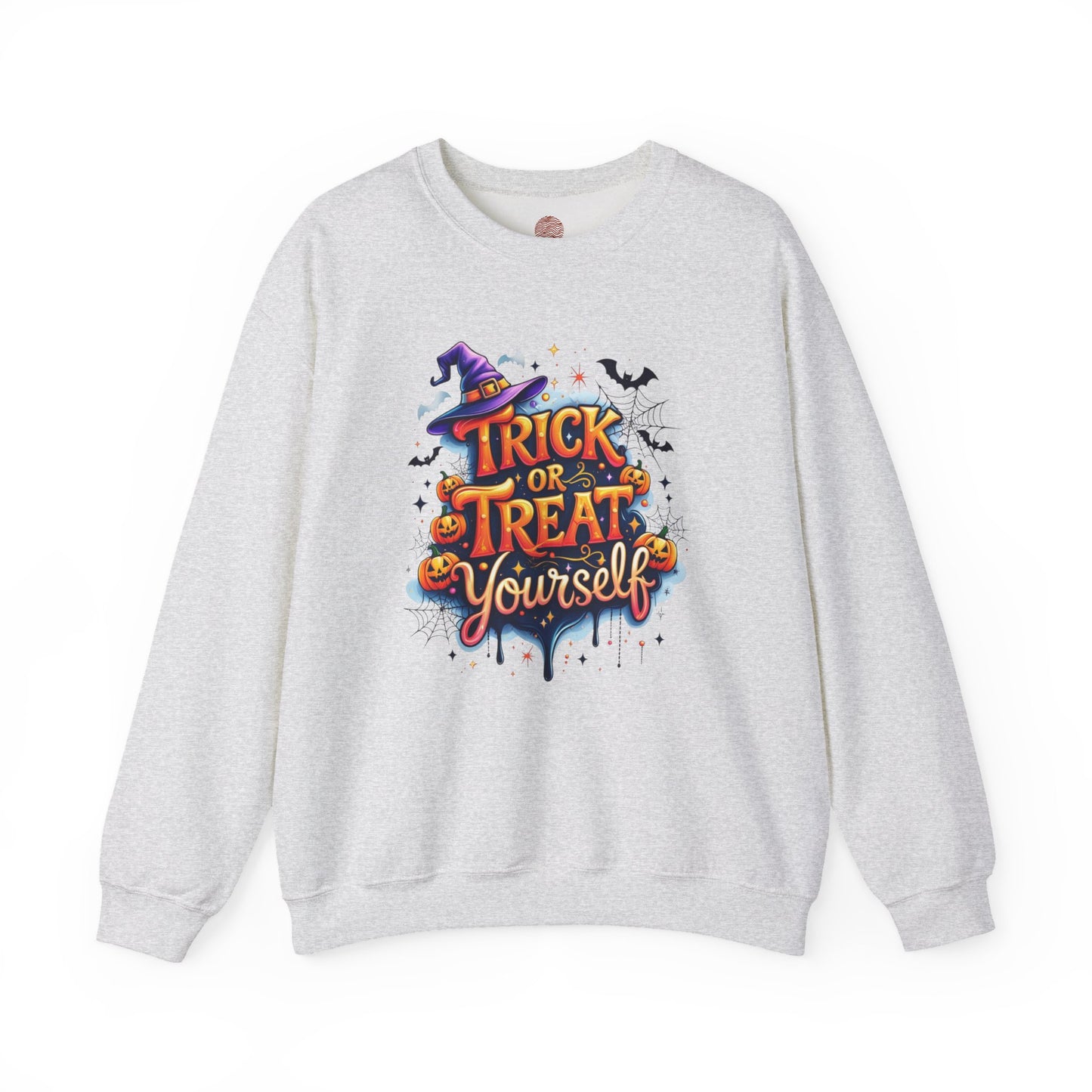 ''Trick or Treat Yourself'' Halloween Sweatshirt – Unisex Cozy Crewneck, Spooky Pumpkin & Witch Hat Graphic, Fall Aesthetic Pullover