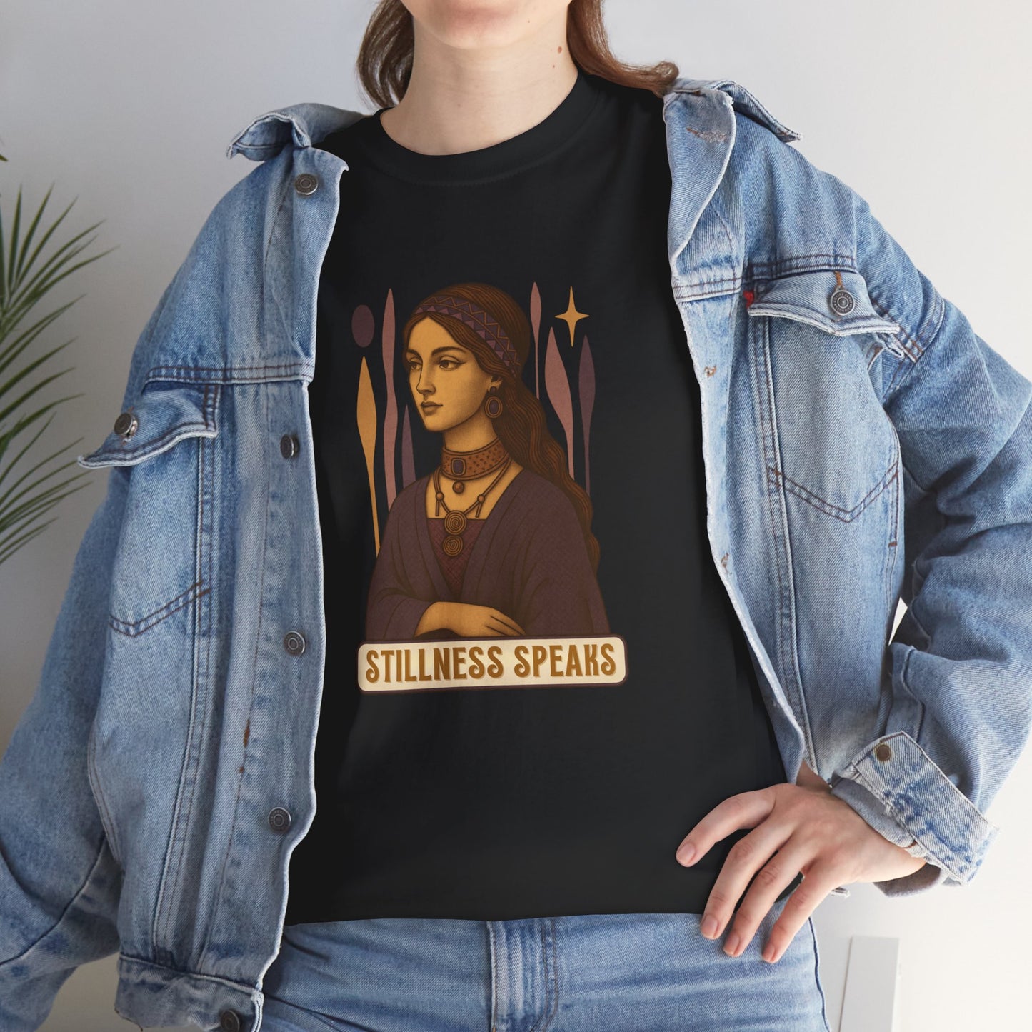 Vintage Mystic Woman Stillness Speaks T-Shirt, Retro Boho Aesthetic Top, Spiritual Graphic Tee, Mindfulness Yoga Gift, Unisex Heavy Cotton