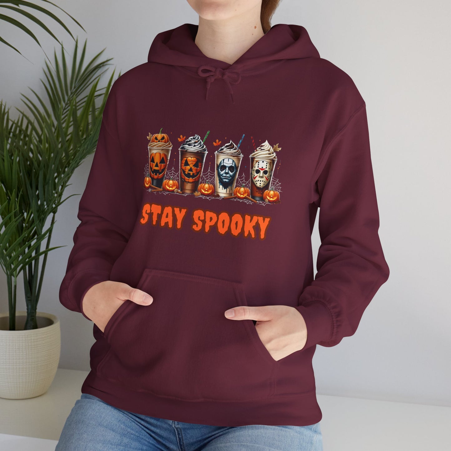 Stay Spooky Halloween Horror Hoodie – Pumpkin Skull Coffee Cup Graphic – Michael Myers Jason Inspired – Gildan 18500 Unisex Pullover