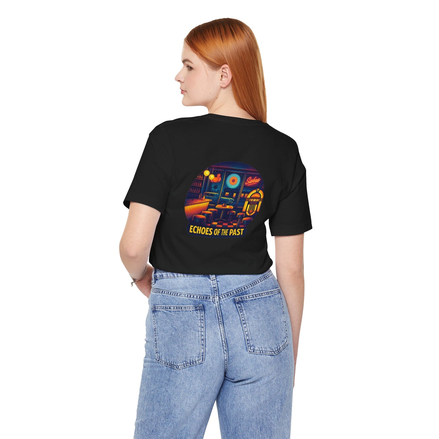 Echoes of the Past Retro Diner T-Shirt – Bella Canvas 3001 Unisex Vintage 80s Jukebox Neon Graphic Tee