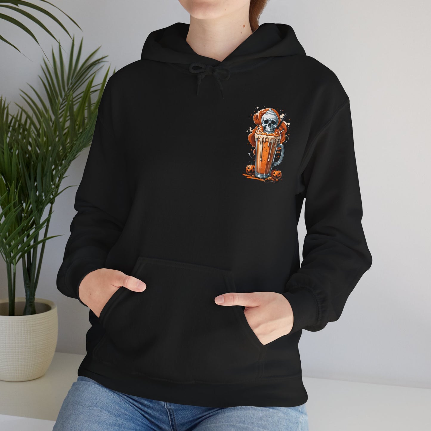 Halloween Skull Pumpkin Latte Hoodie – Spooky Fall Coffee Graphic Sweatshirt – Gildan 18500 Unisex Cozy Autumn Hoodie